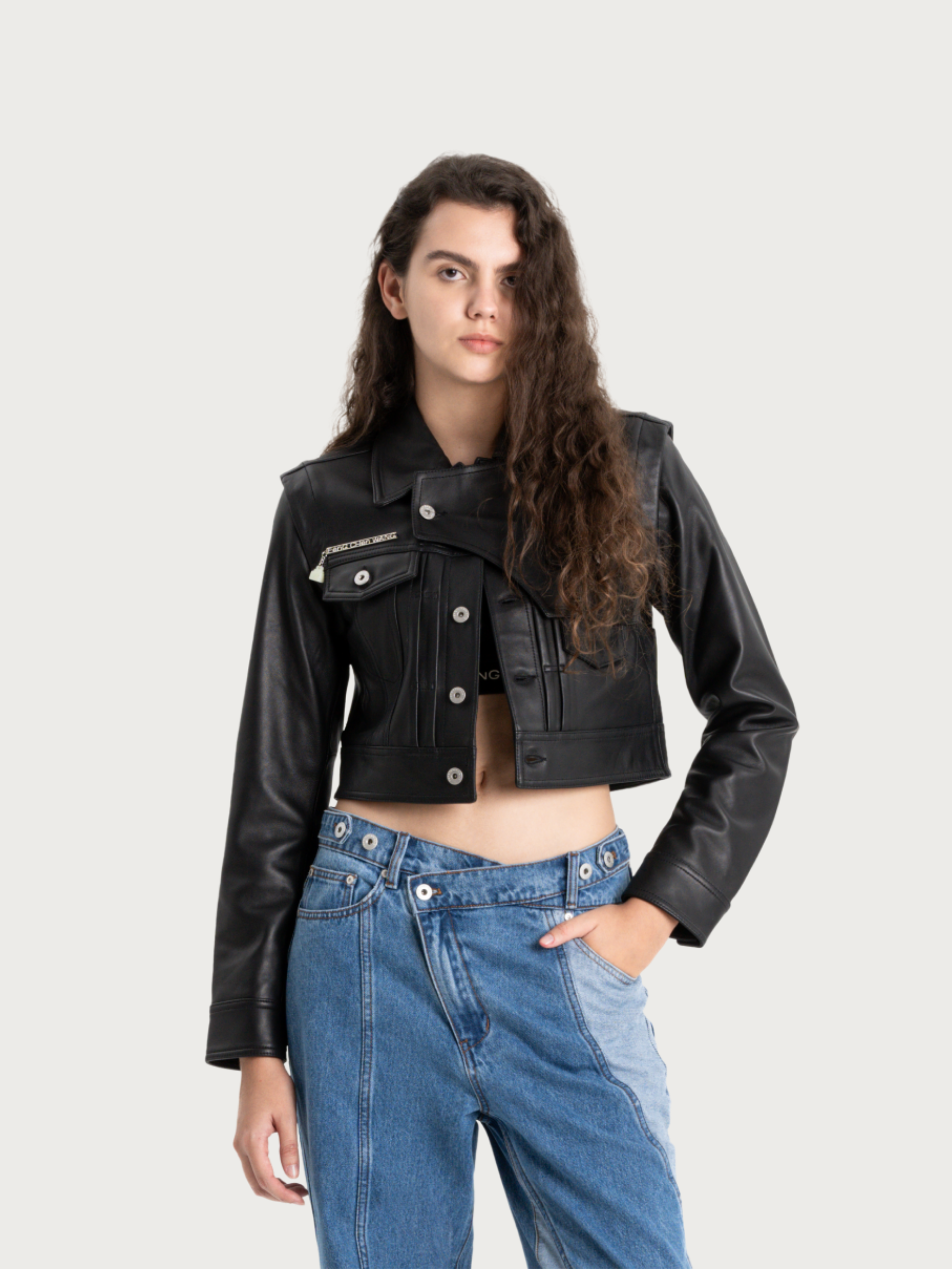 DECONSTRUCTED PADDED-SHOULDER LAMBSKIN JACKET