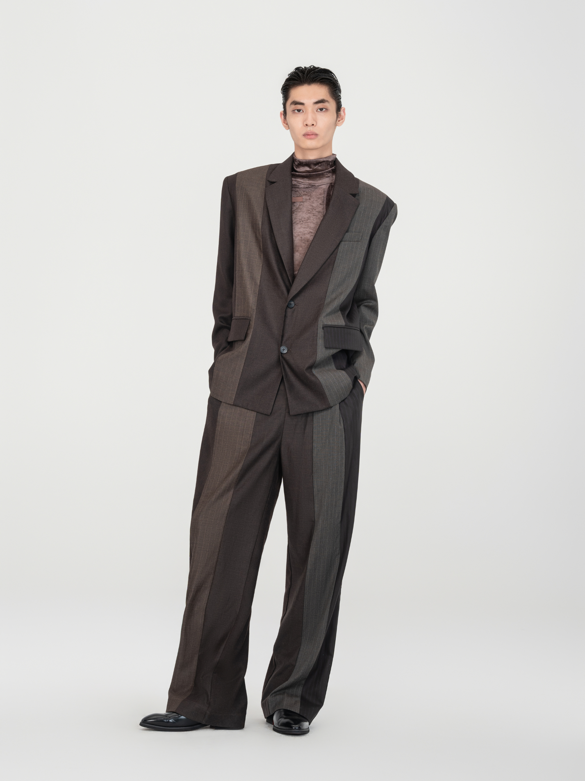 BROWN STRIPED AND SOLID PANELED BLAZER