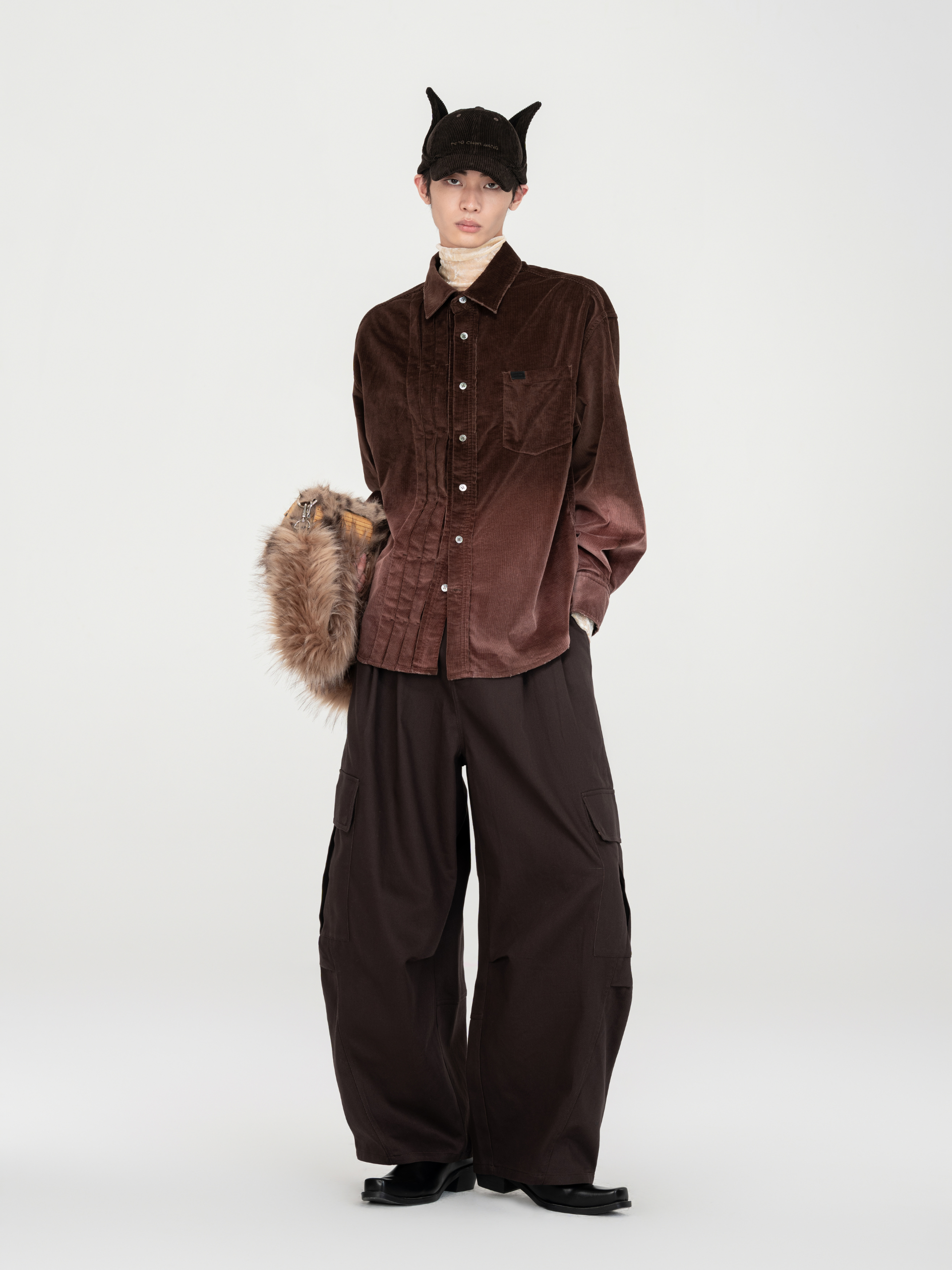 BROWN FINE CORDUROY GRADIENT-WASHED SHIRT