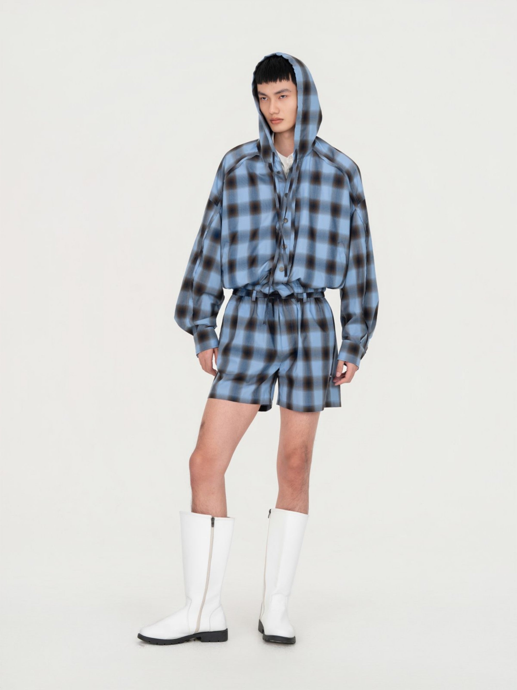 BLUE CHECK HOODED JACKET