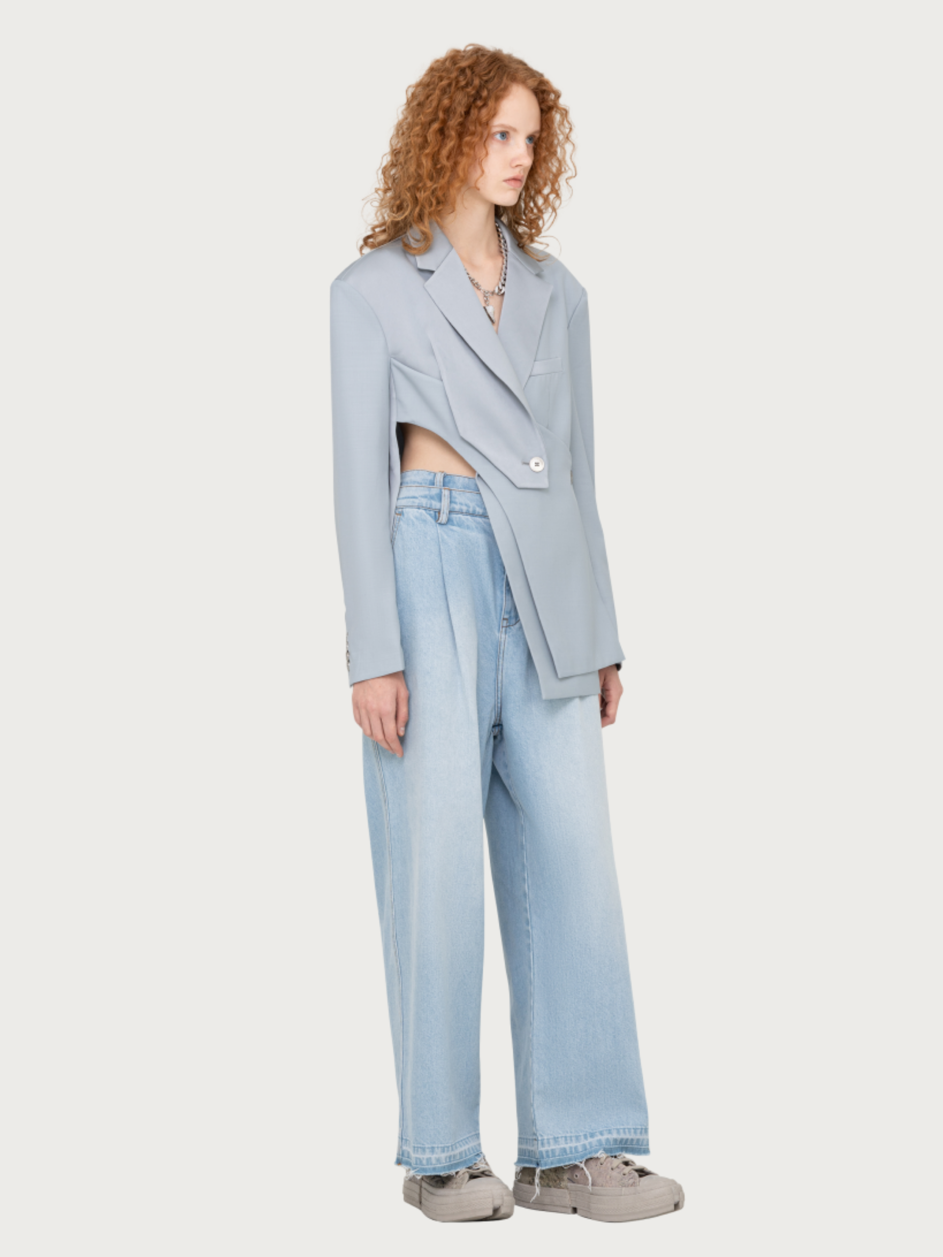 GREY SATIN AND WOOL DECONSTRUCTED SUIT JACKET