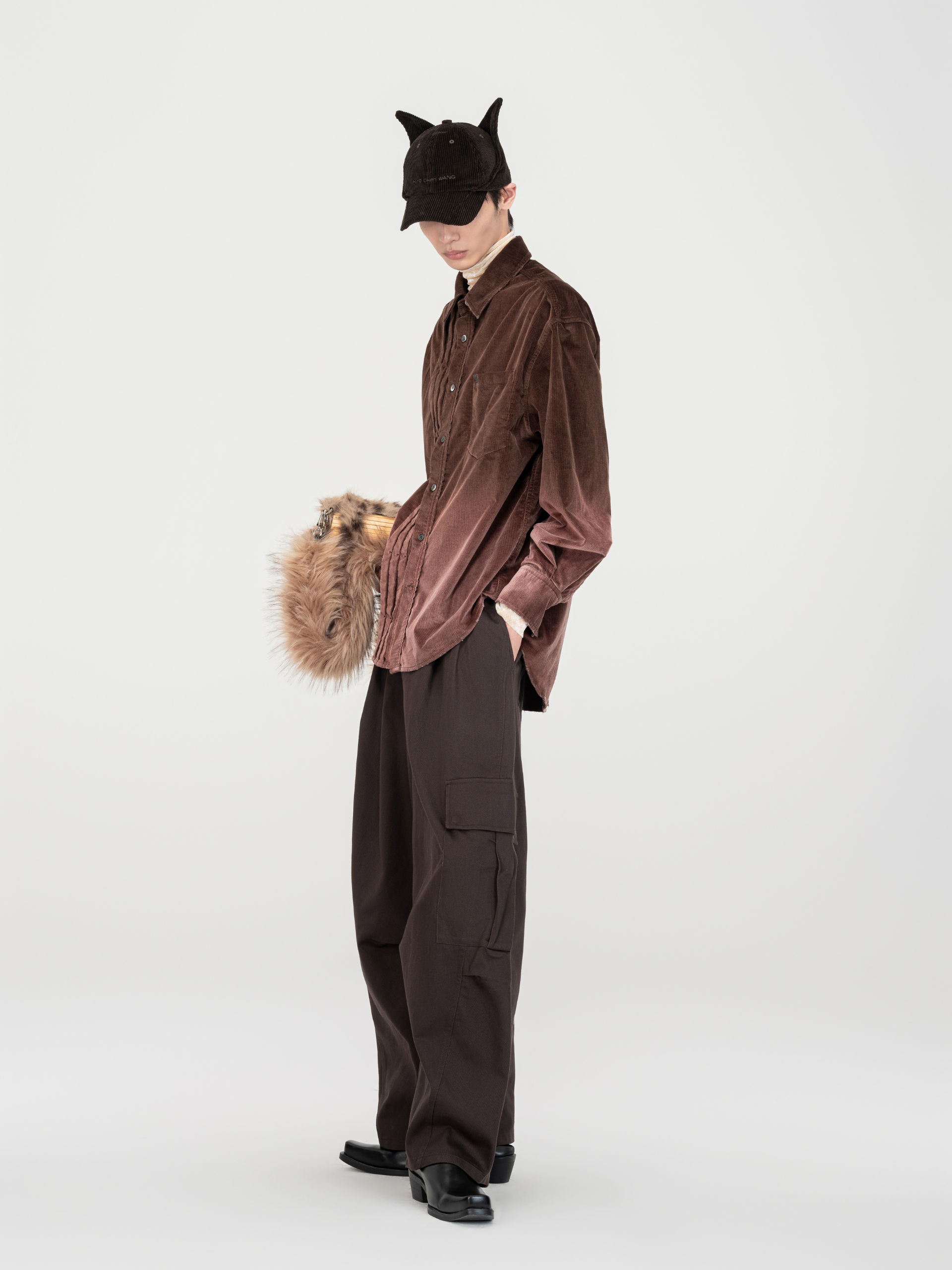BROWN FINE CORDUROY GRADIENT-WASHED SHIRT