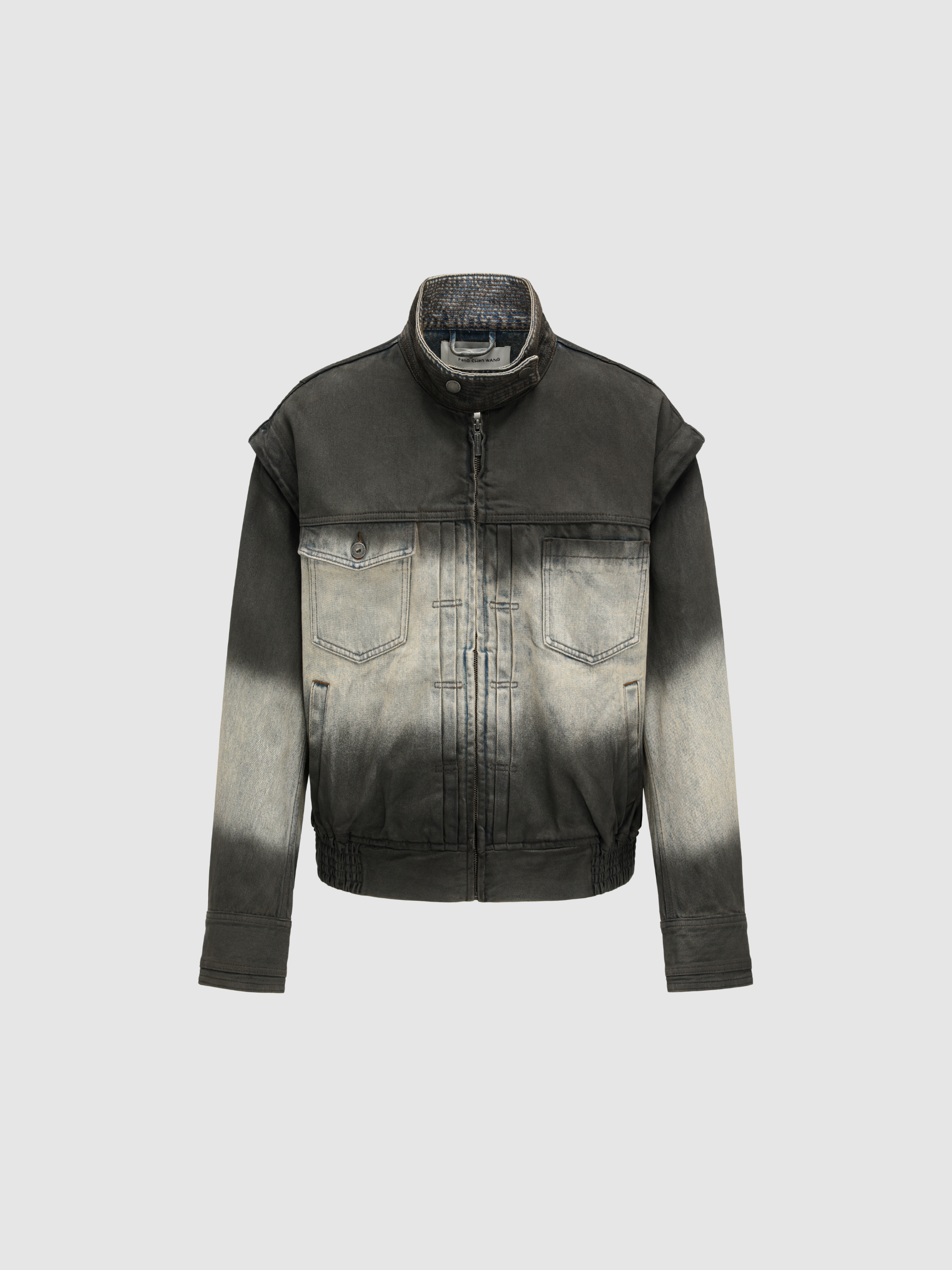 BLUE-TO-BLACK OMBRE DENIM STAND-COLLAR JACKET