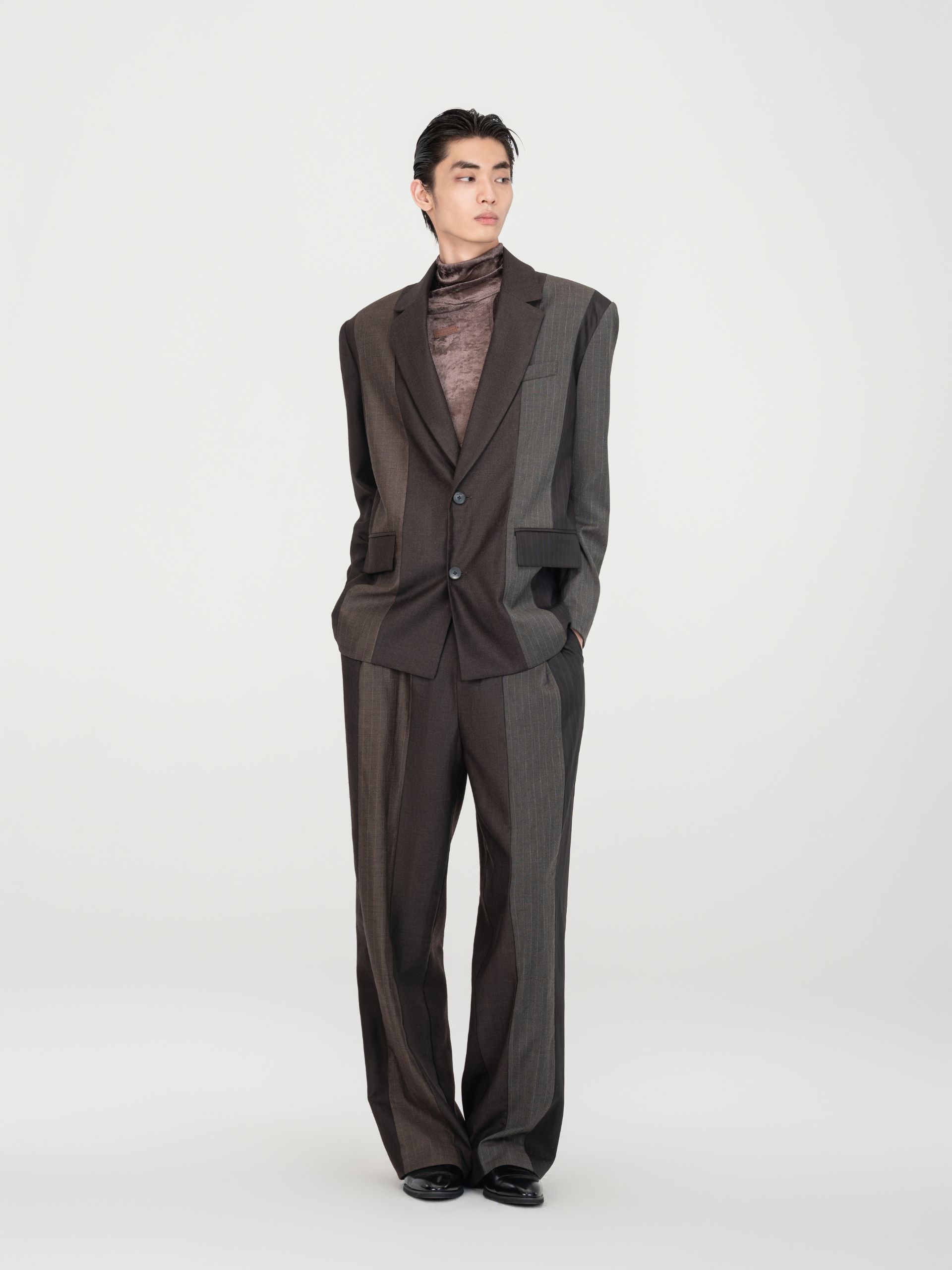 BROWN STRIPED AND SOLID PANELED BLAZER