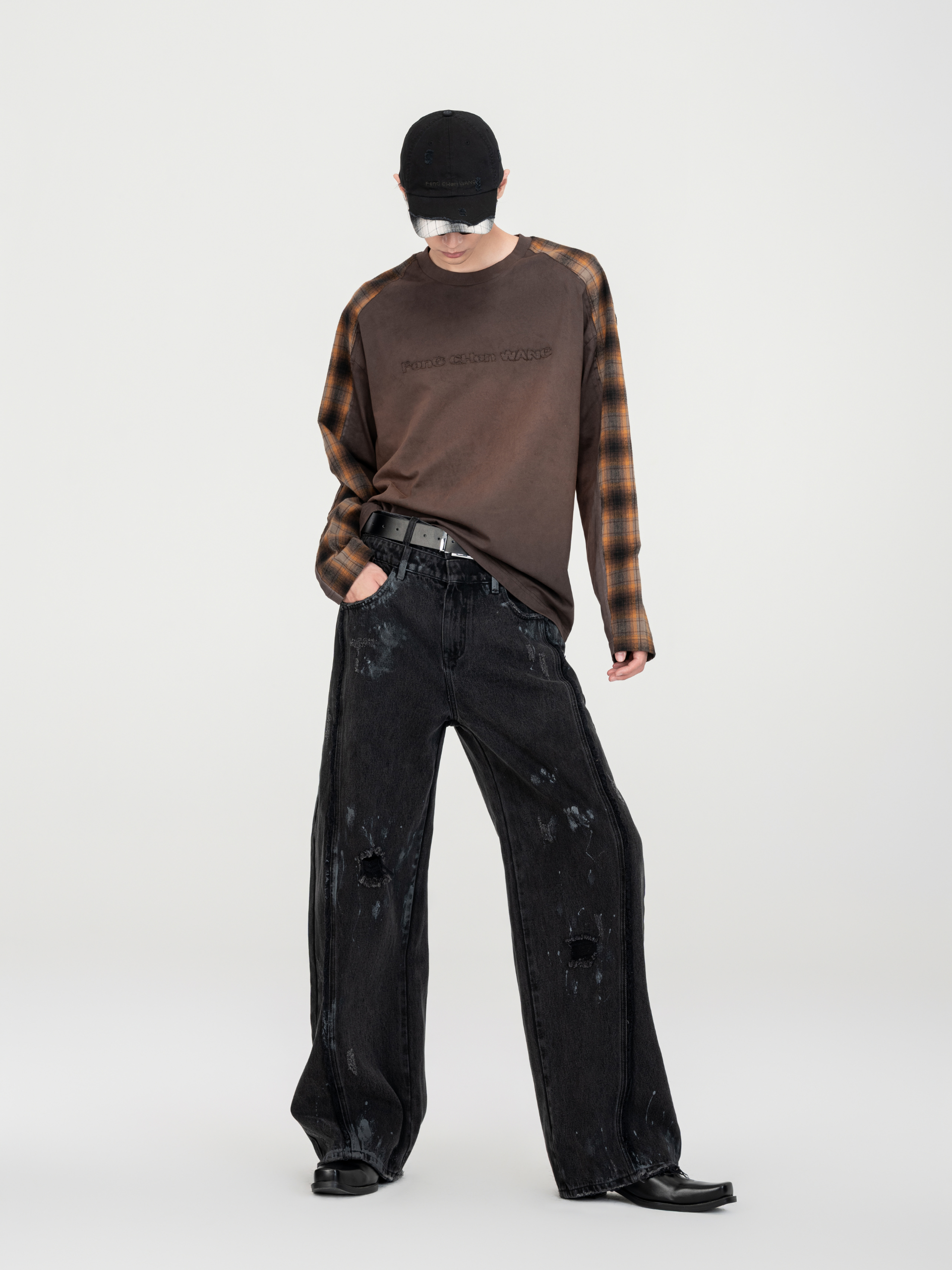 GRADIENT WASHED PATCHWORK LONG-SLEEVE T-SHIRT