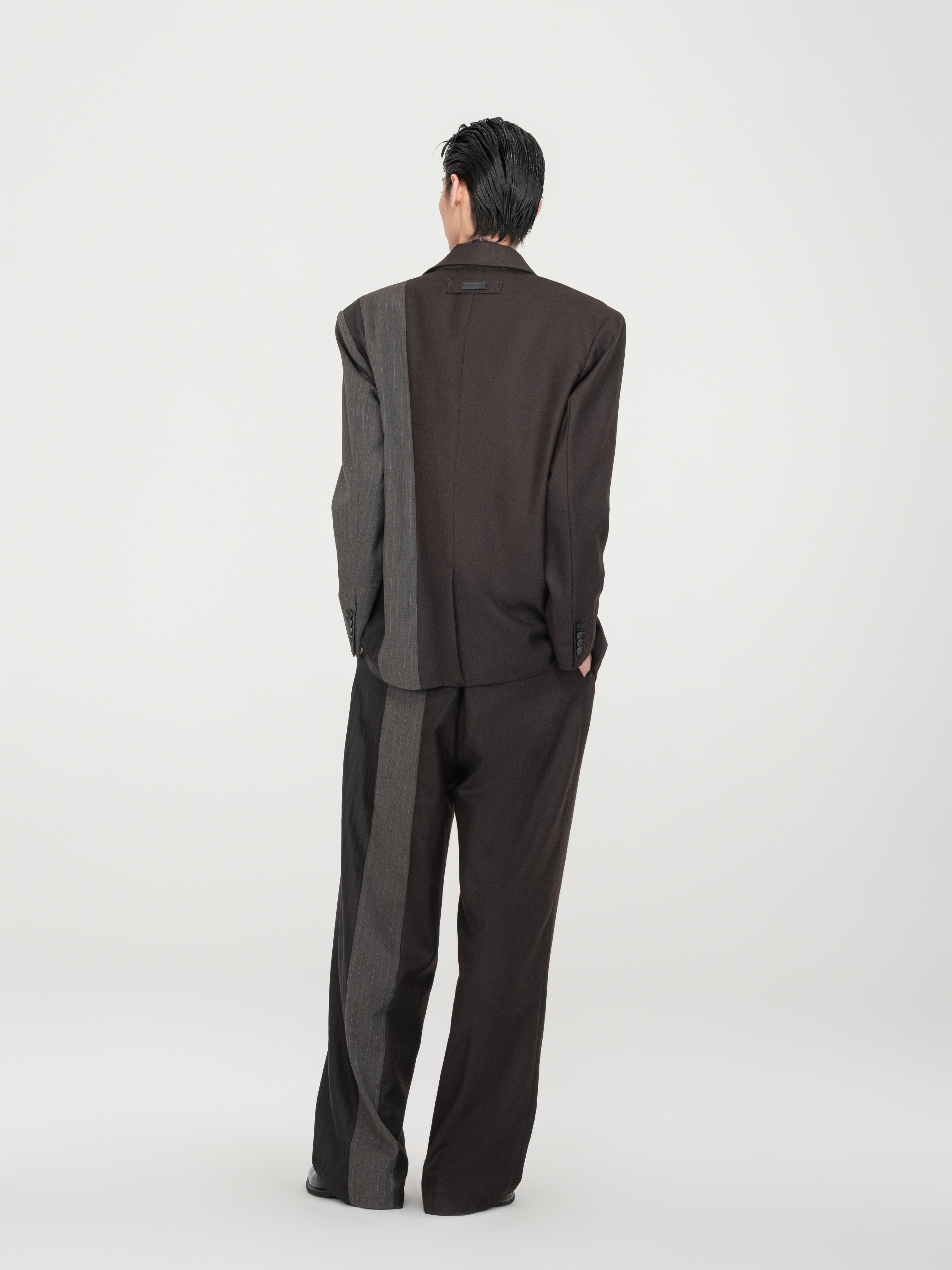 BROWN STRIPED AND SOLID PANELED BLAZER