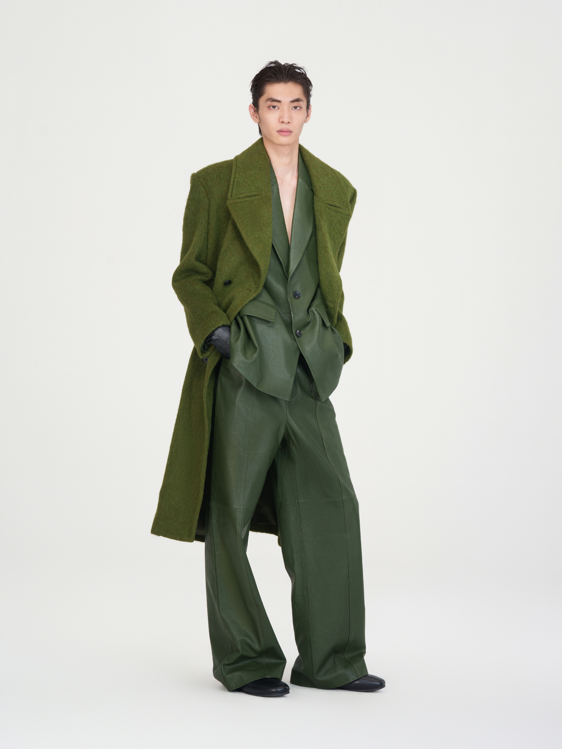 DOUBLE-BREASTED NOTCHED LAPEL GREEN WOOL BLEND COAT