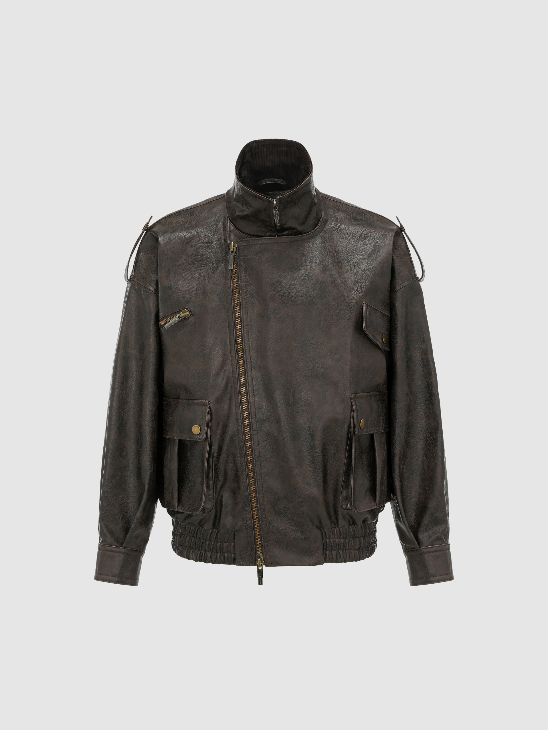 BROWN VINTAGE-EFFECT PU LEATHER STAND COLLAR BIKER JACKET - Feng Chen Wang