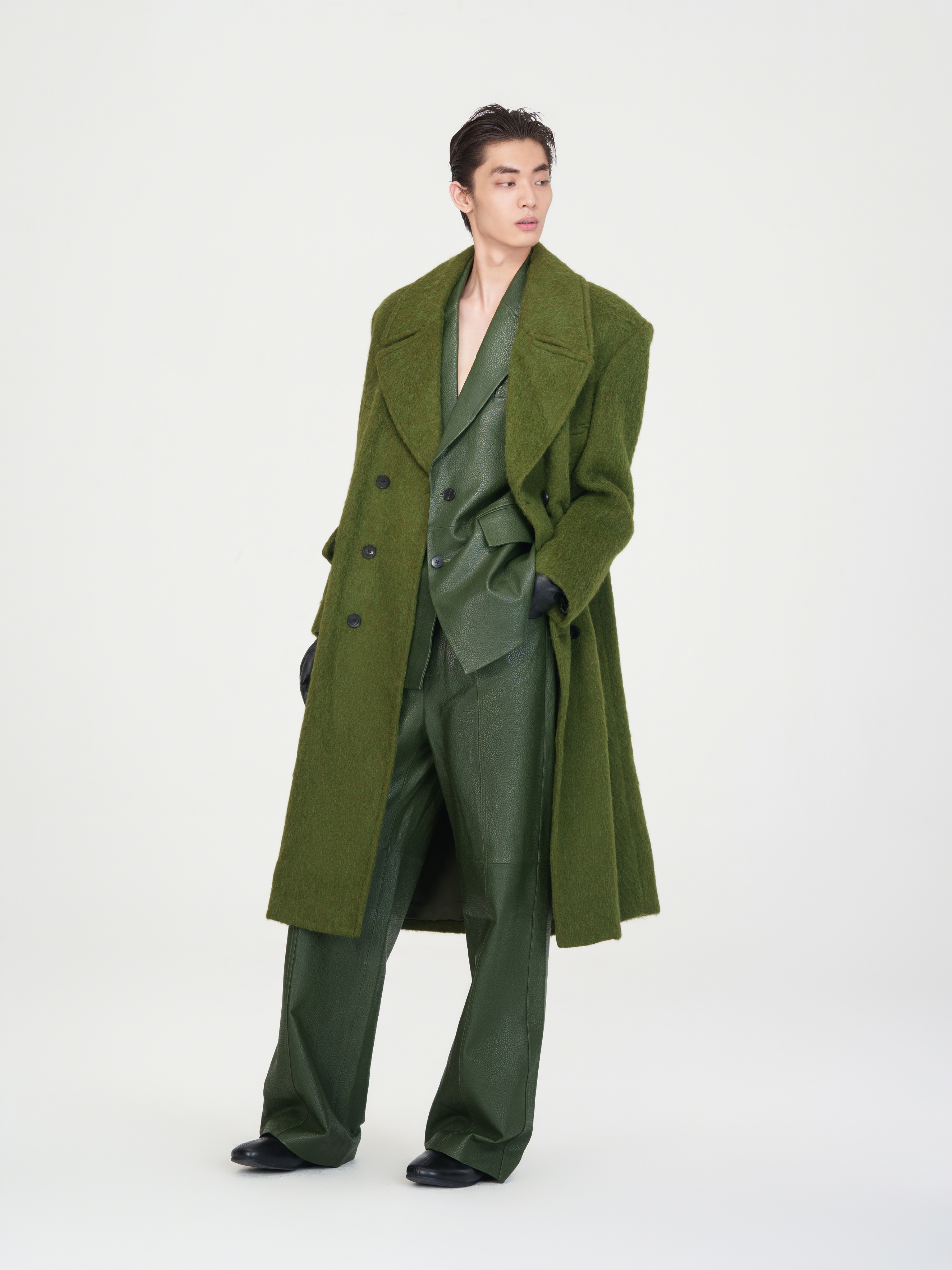 DOUBLE-BREASTED NOTCHED LAPEL GREEN WOOL BLEND COAT