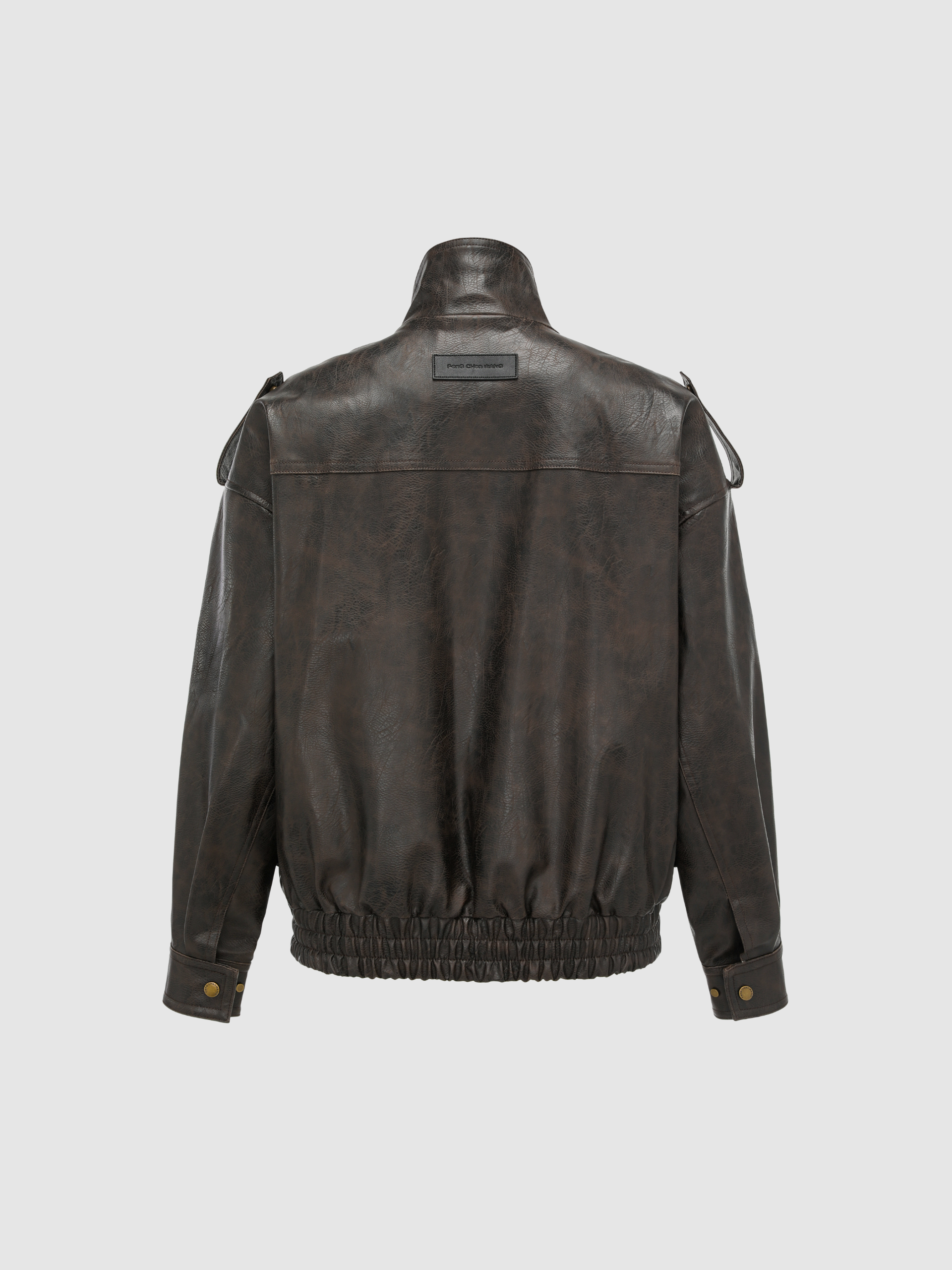 BROWN VINTAGE-EFFECT PU LEATHER STAND COLLAR BIKER JACKET - Feng Chen Wang