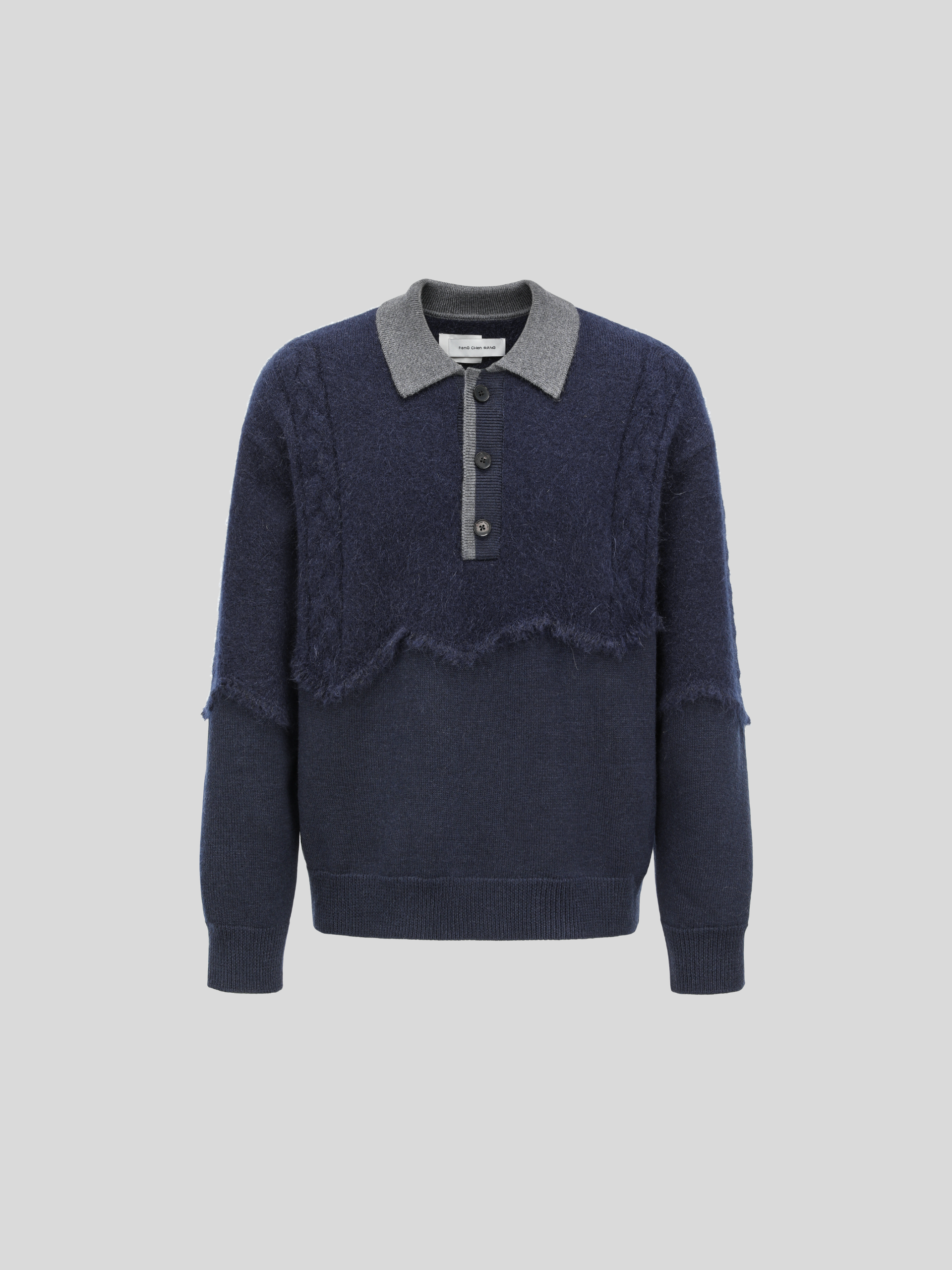 CABLE-KNIT POLO SHIRT WITH RAW HEM AND PATCHWORK