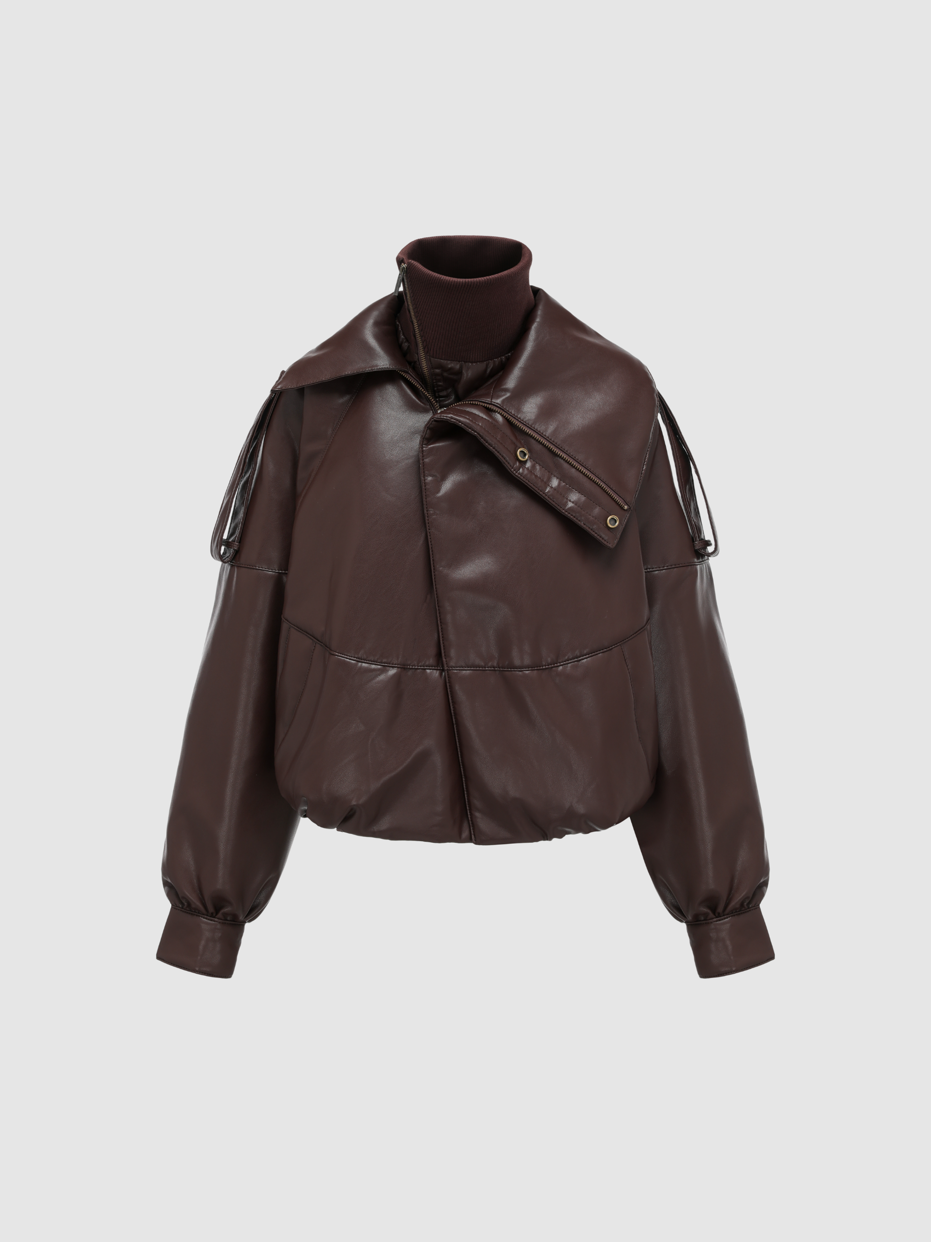 ASYMMETRIC DOUBLE COLLAR FAUX-LEATHER OVERSIZE JACKET WITH SLANTED PLACKET - Feng Chen Wang