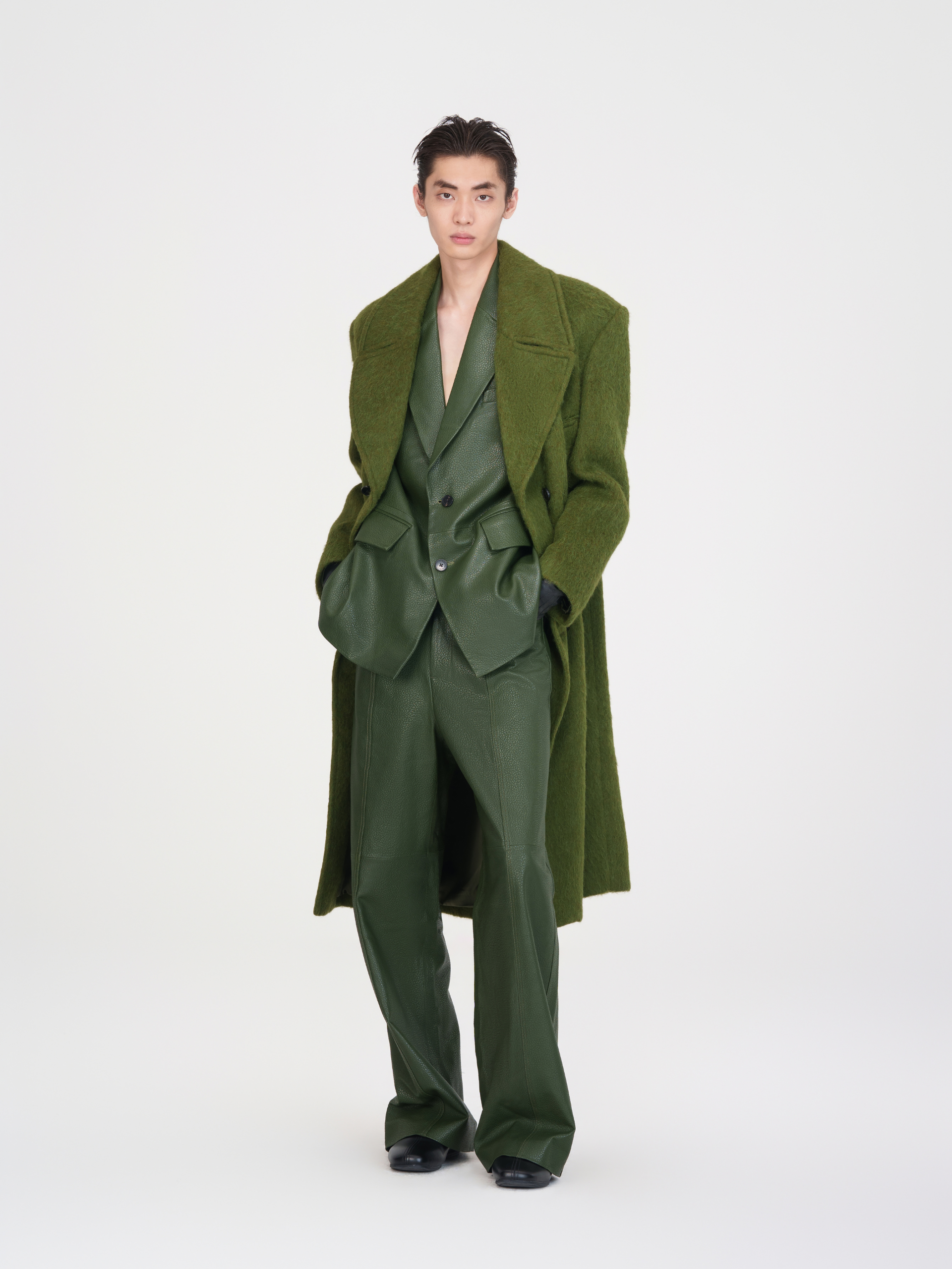 DOUBLE-BREASTED NOTCHED LAPEL GREEN WOOL BLEND COAT