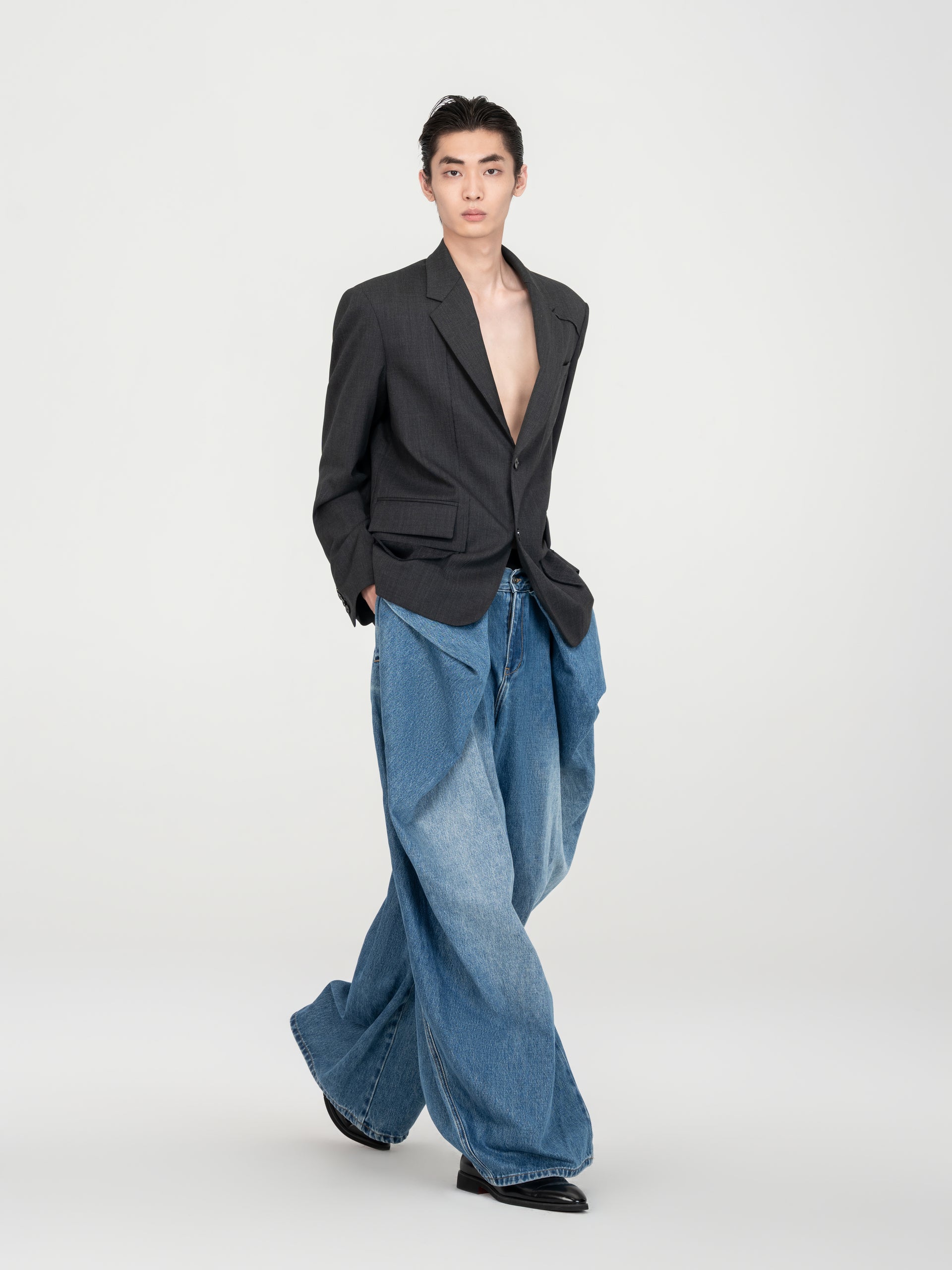 DARK GREY EXPOSED POCKET BAG RAW-EDGE TRIM WOOL BLAZER