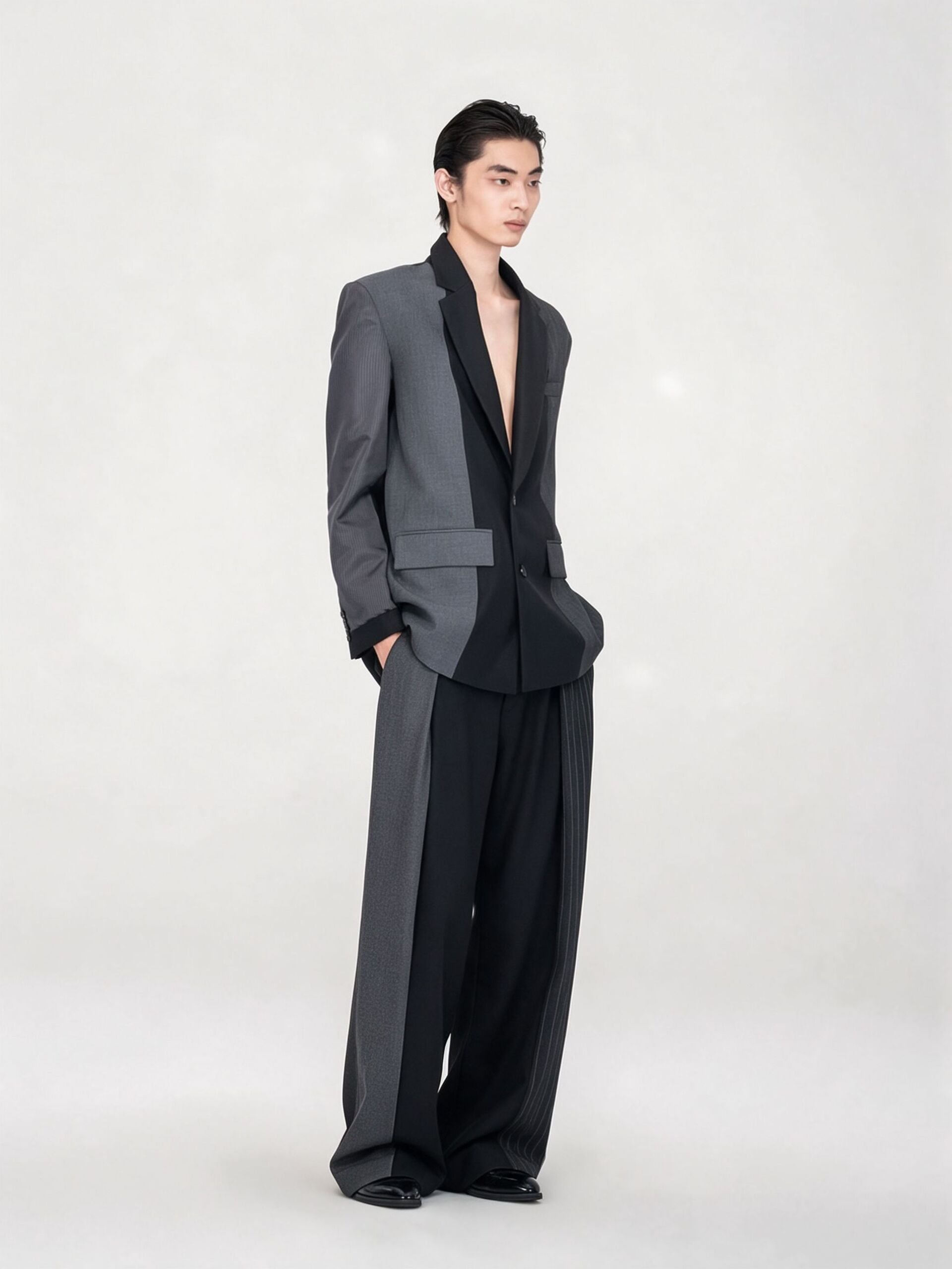 BLACK AND GREY PANELED STRIPED TAILORED TROUSERS