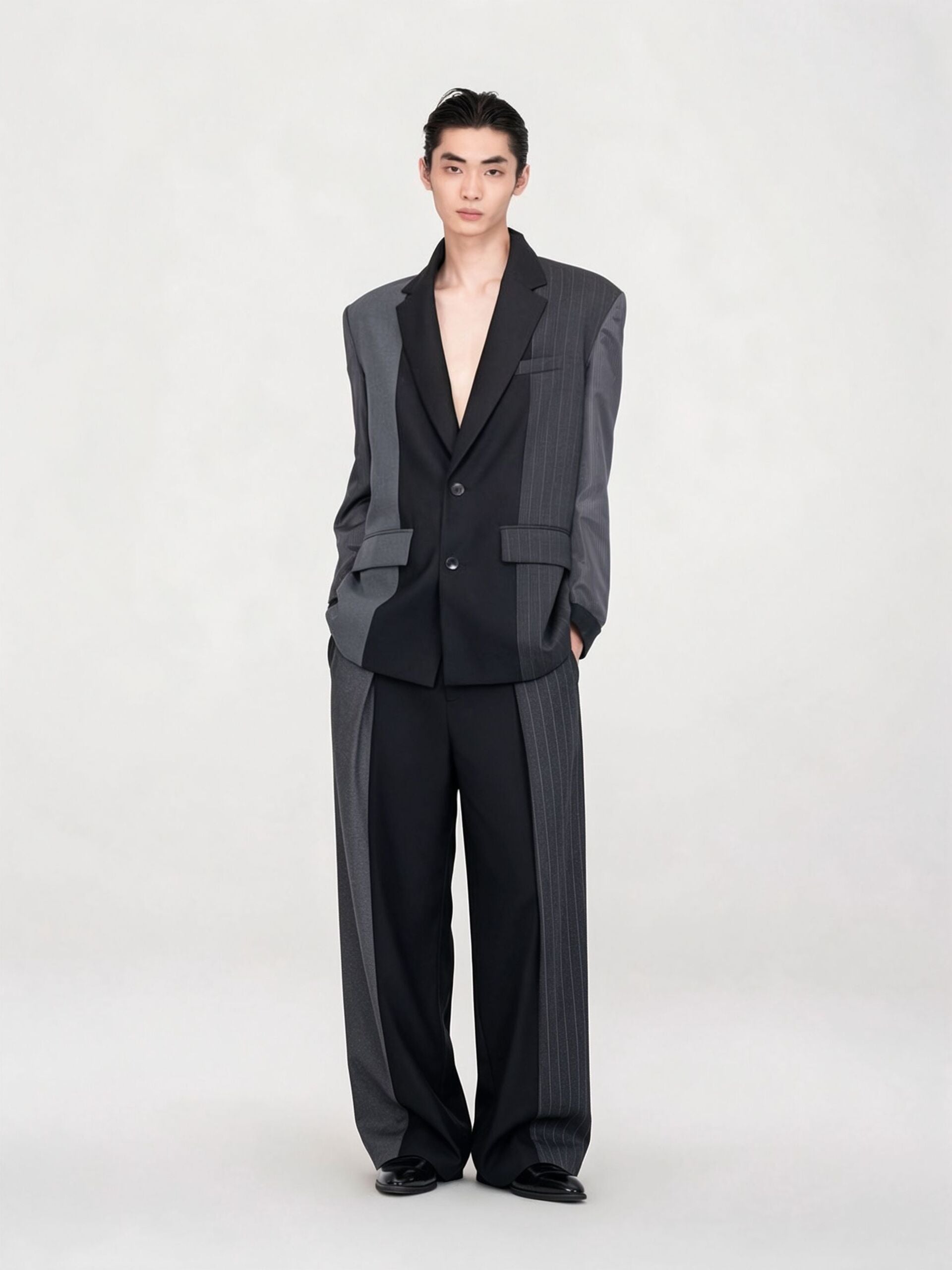 BLACK AND GREY PANELED STRIPED TAILORED TROUSERS