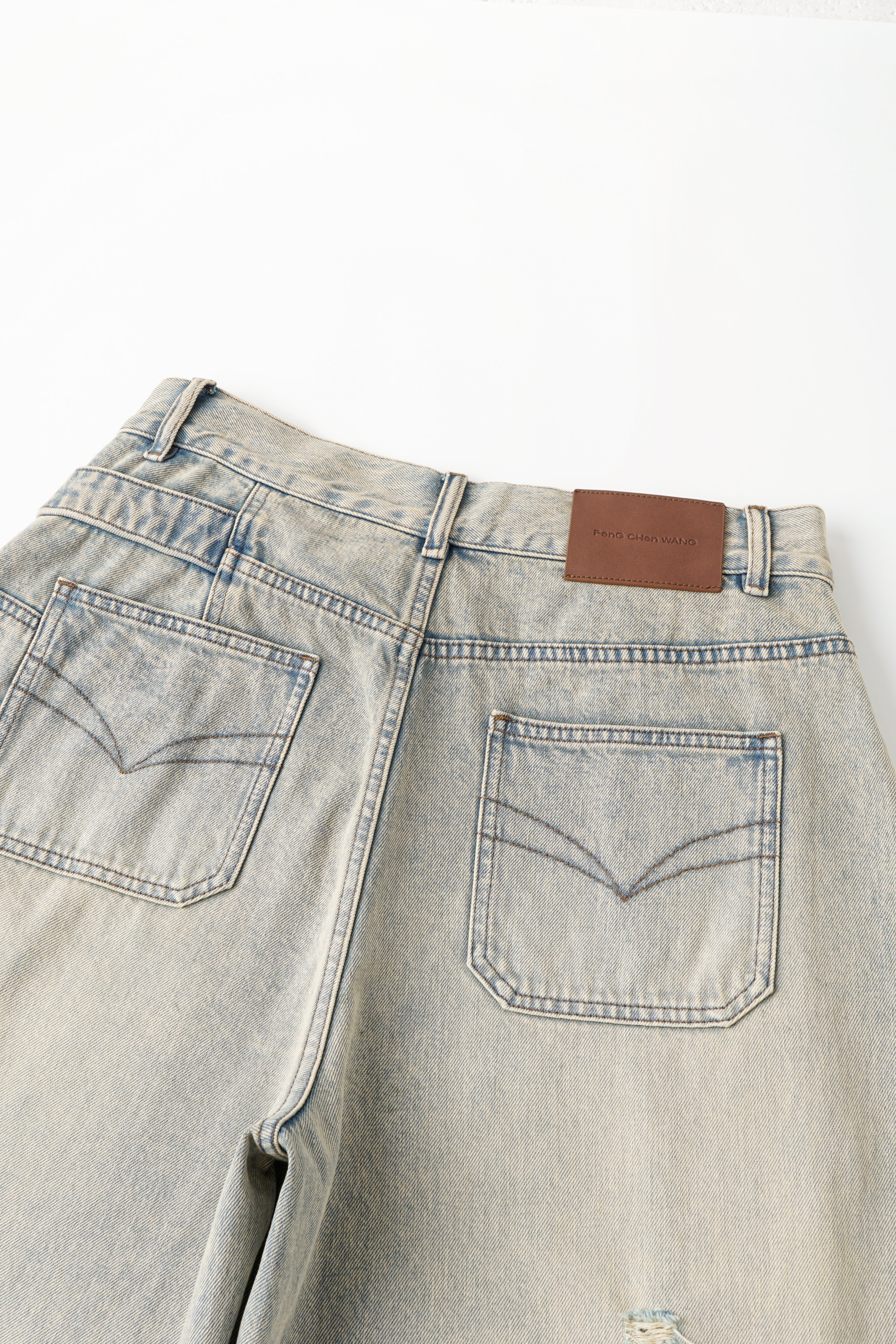 VINTAGE LIGHT BLUE WASHED DECONSTRUCTED DENIM PANTS
