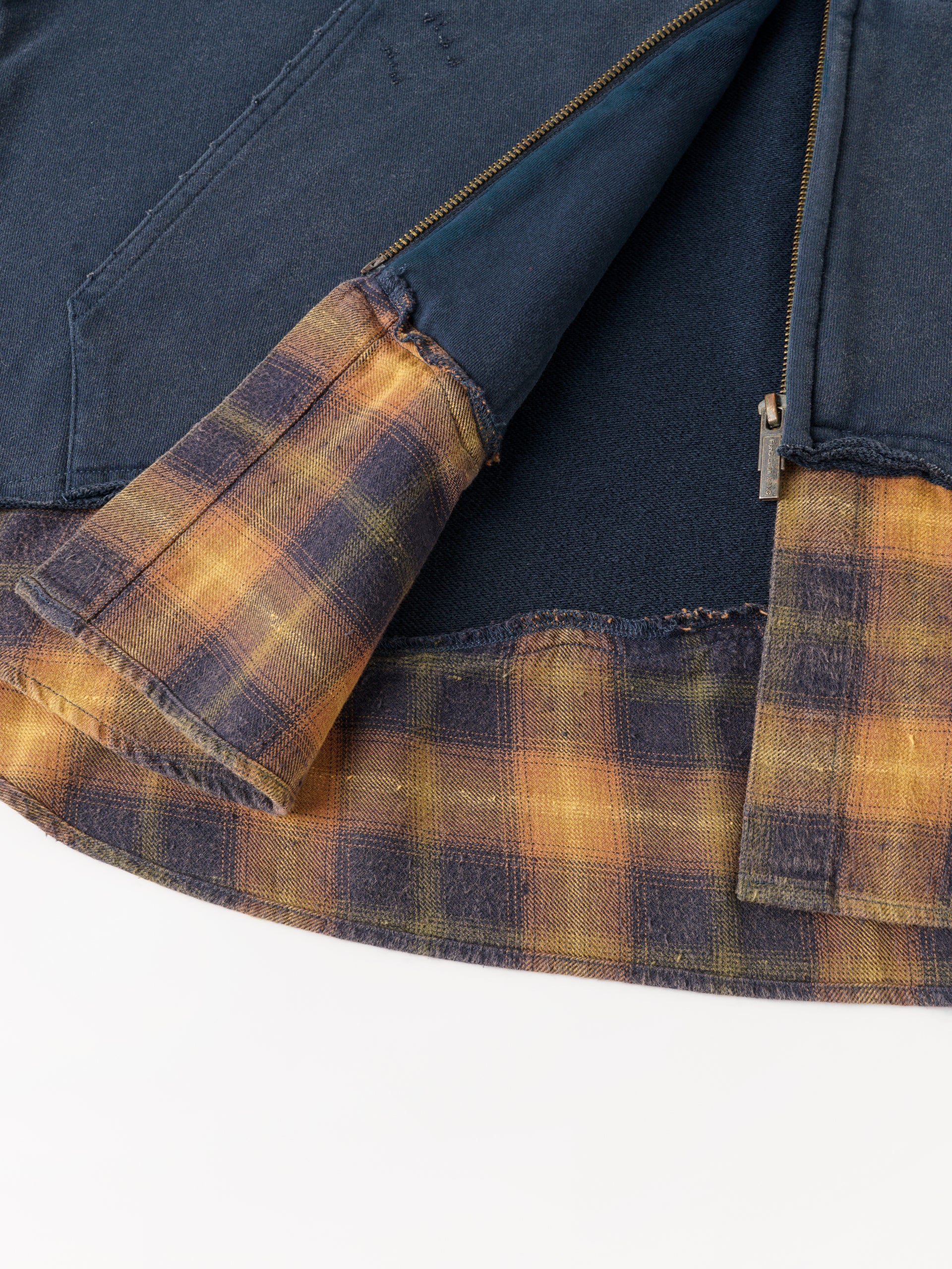 NAVY PLAID-PANEL ZIP-UP HOODIE
