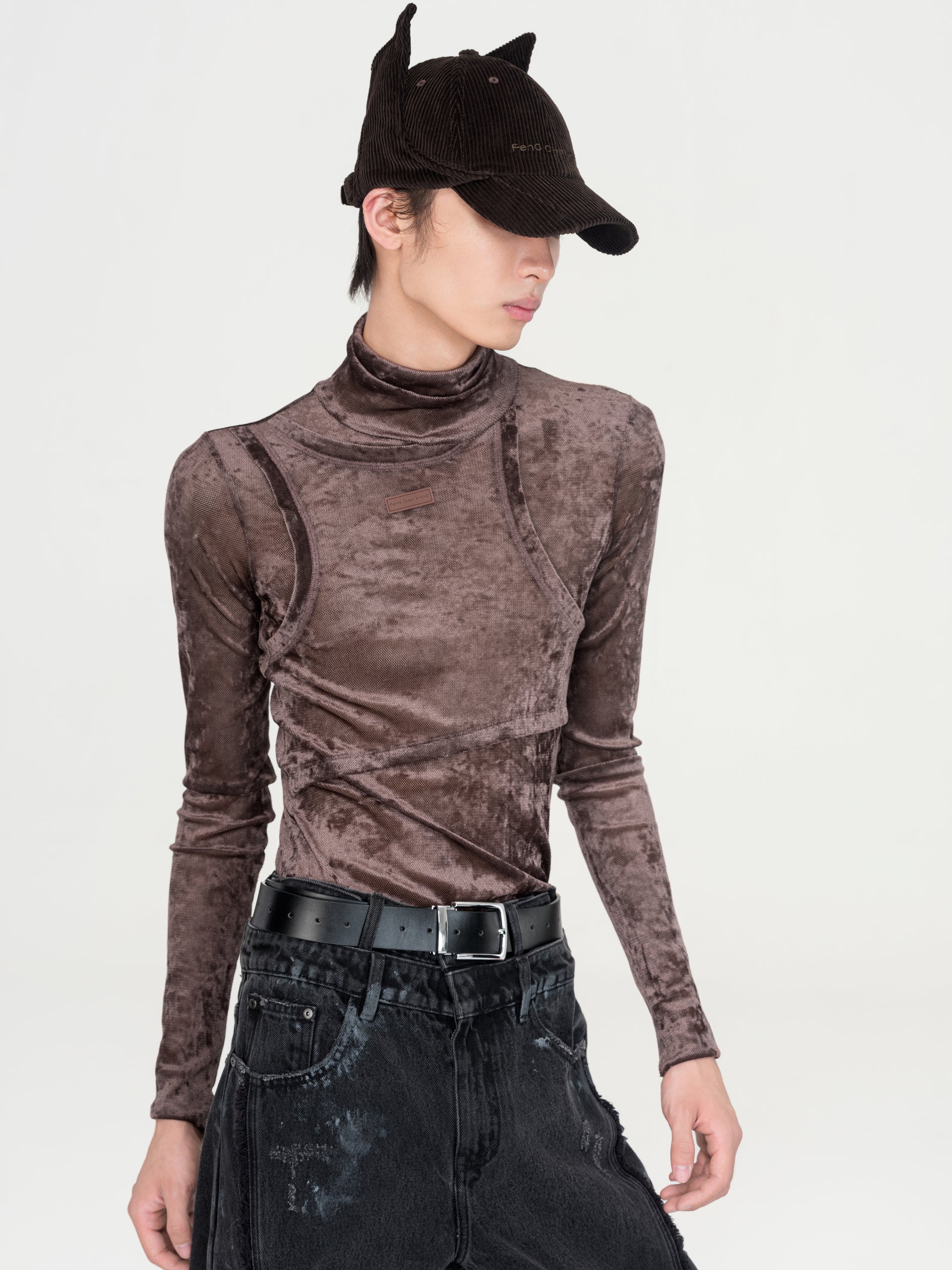 SUEDE TWO-IN-ONE HIGH NECK TOP