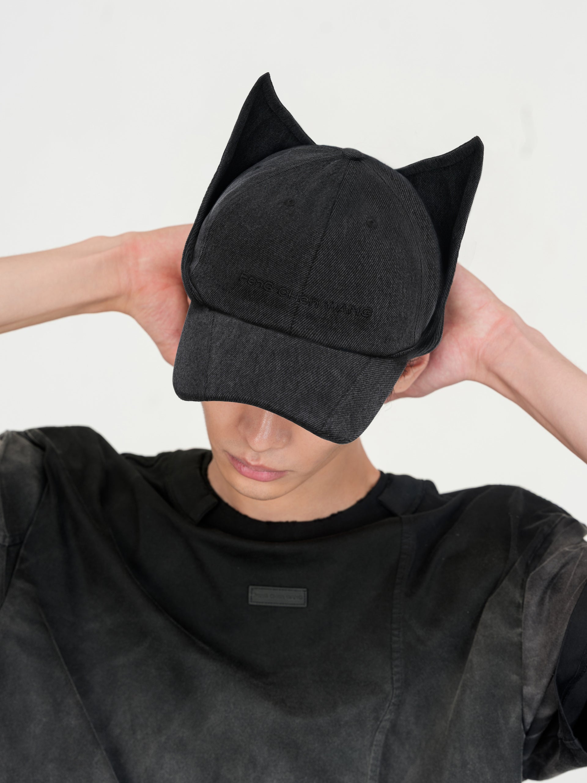 BLACK WASHED-DENIM CAT-EAR CAP