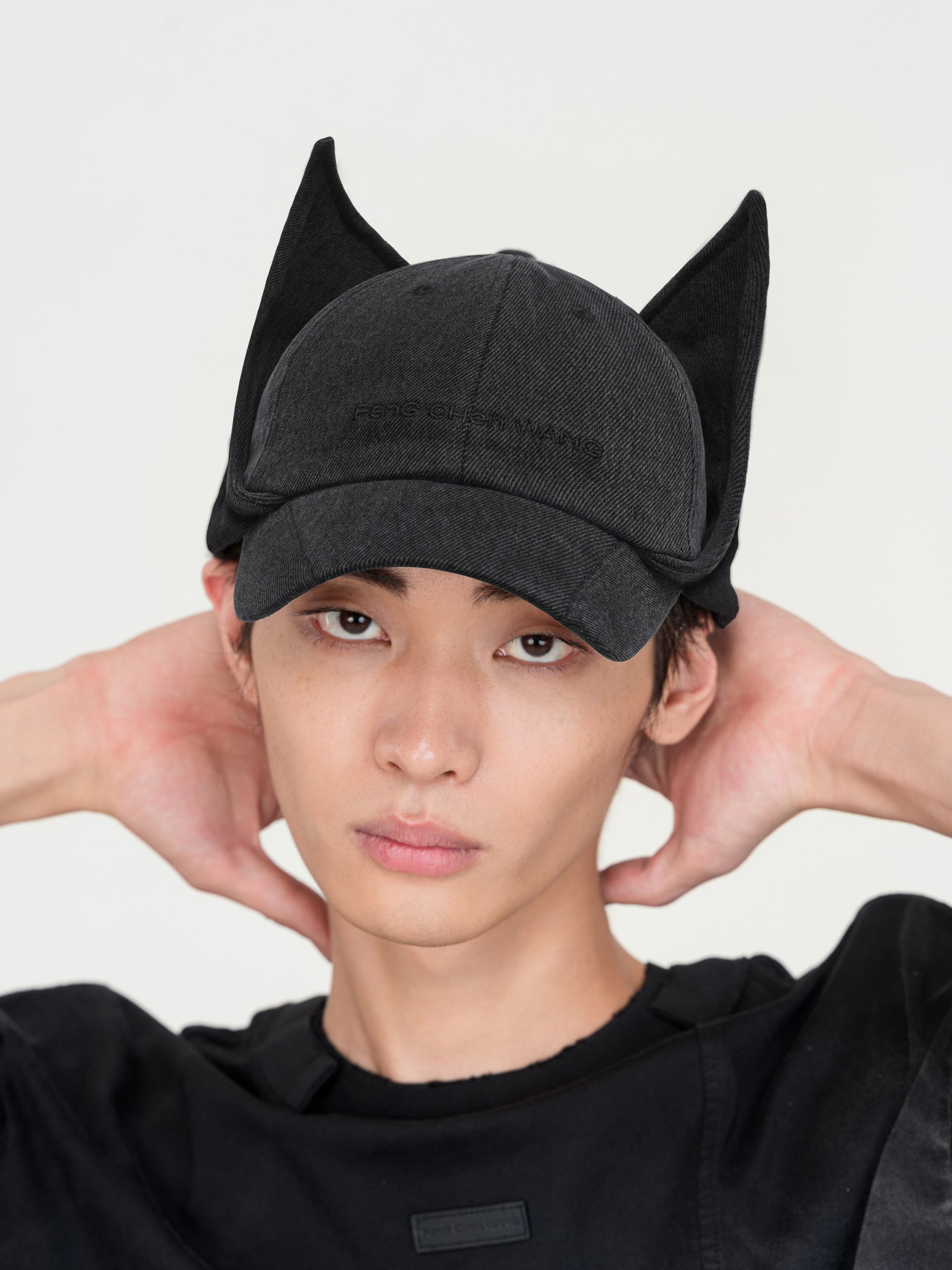 BLACK WASHED-DENIM CAT-EAR CAP