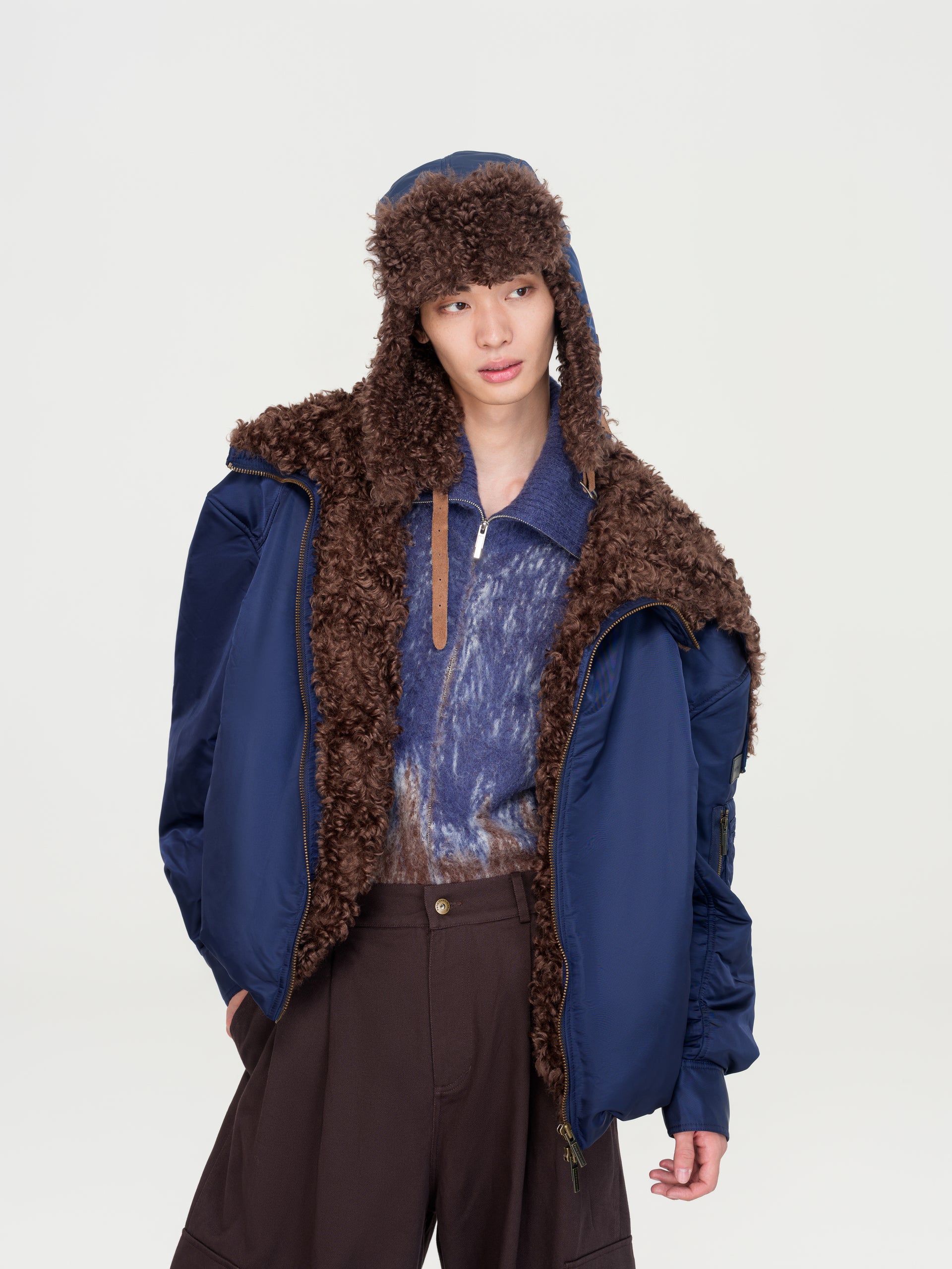 NAVY NYLON JACKET WITH FAUX FUR COLLAR