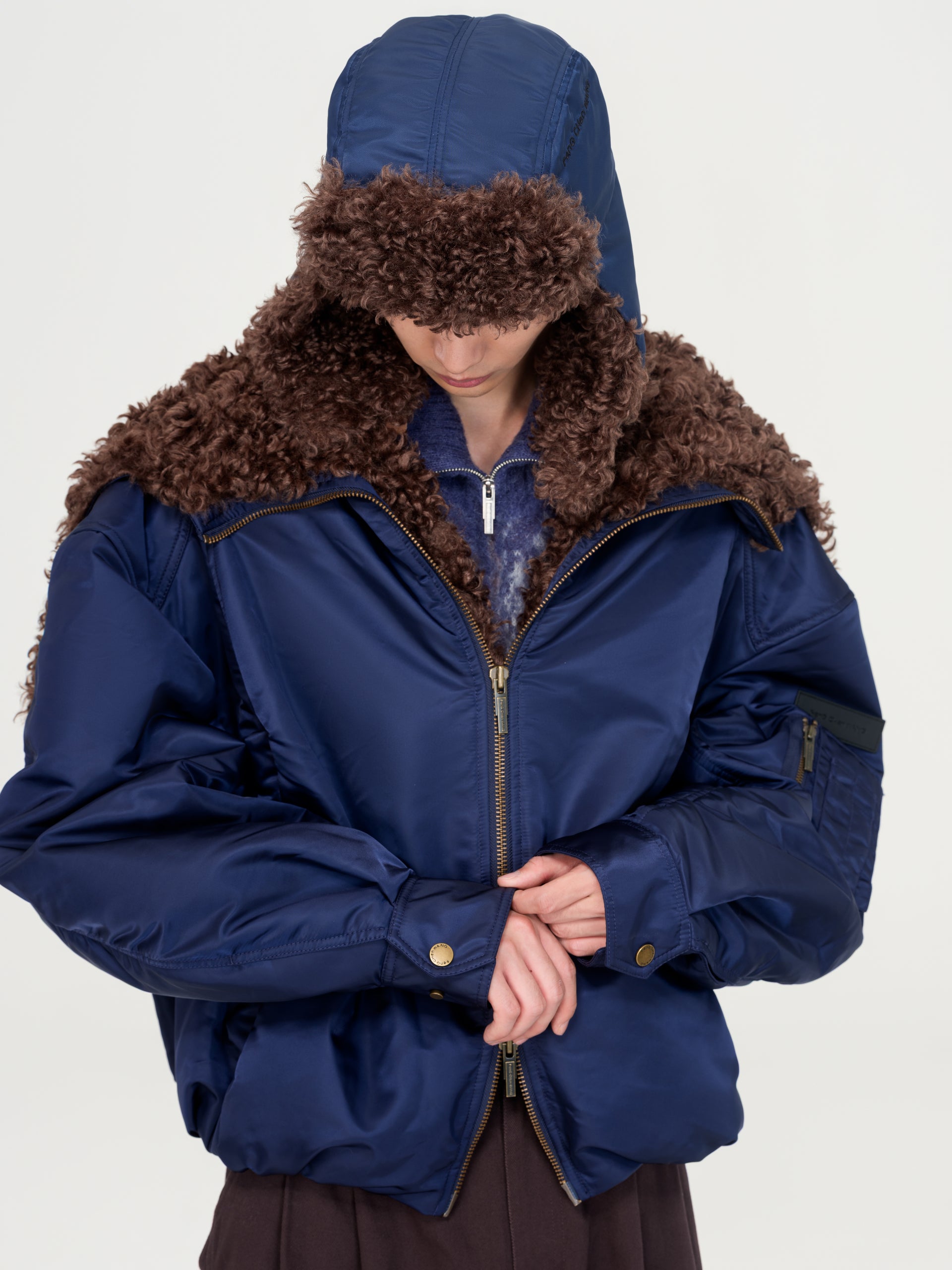 NAVY NYLON JACKET WITH FAUX FUR COLLAR