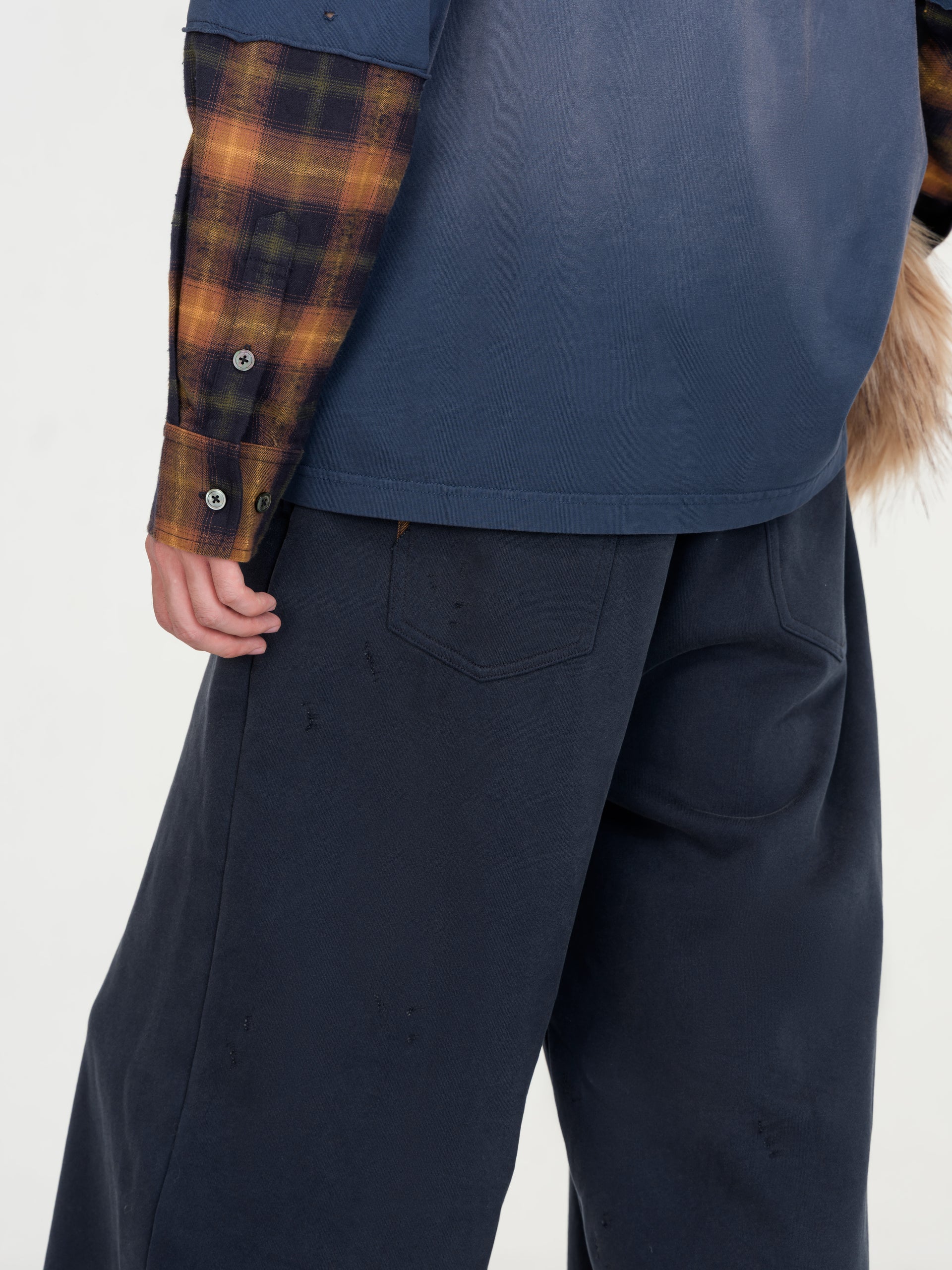 NAVY PLAID-PANEL PANTS