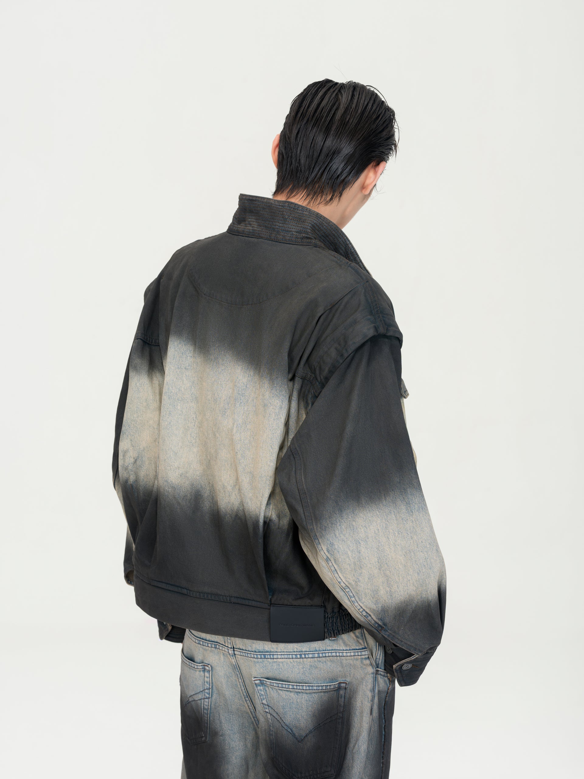 BLUE-TO-BLACK OMBRE DENIM STAND-COLLAR JACKET