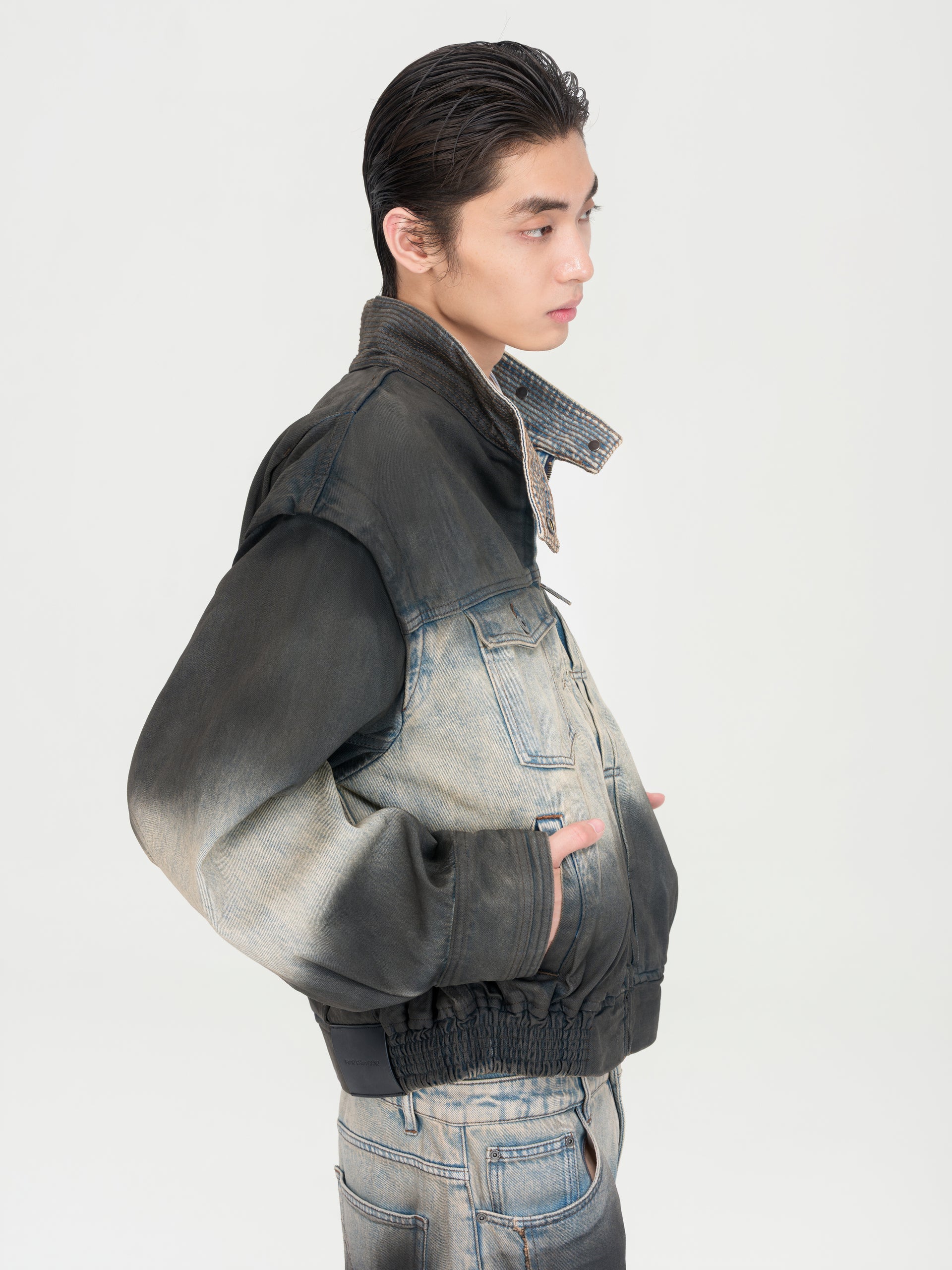 BLUE-TO-BLACK OMBRE DENIM STAND-COLLAR JACKET