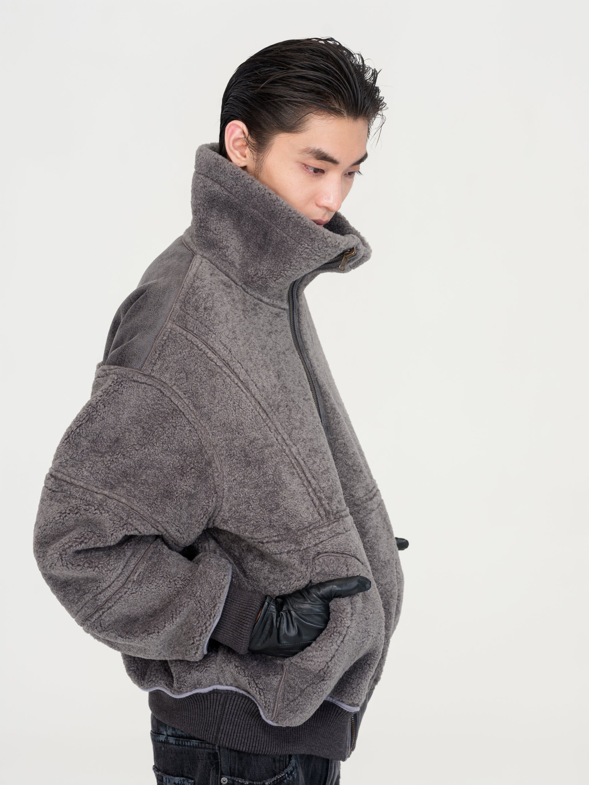 REVERSIBLE FAUX SHEARLING STAND-COLLAR JACKET