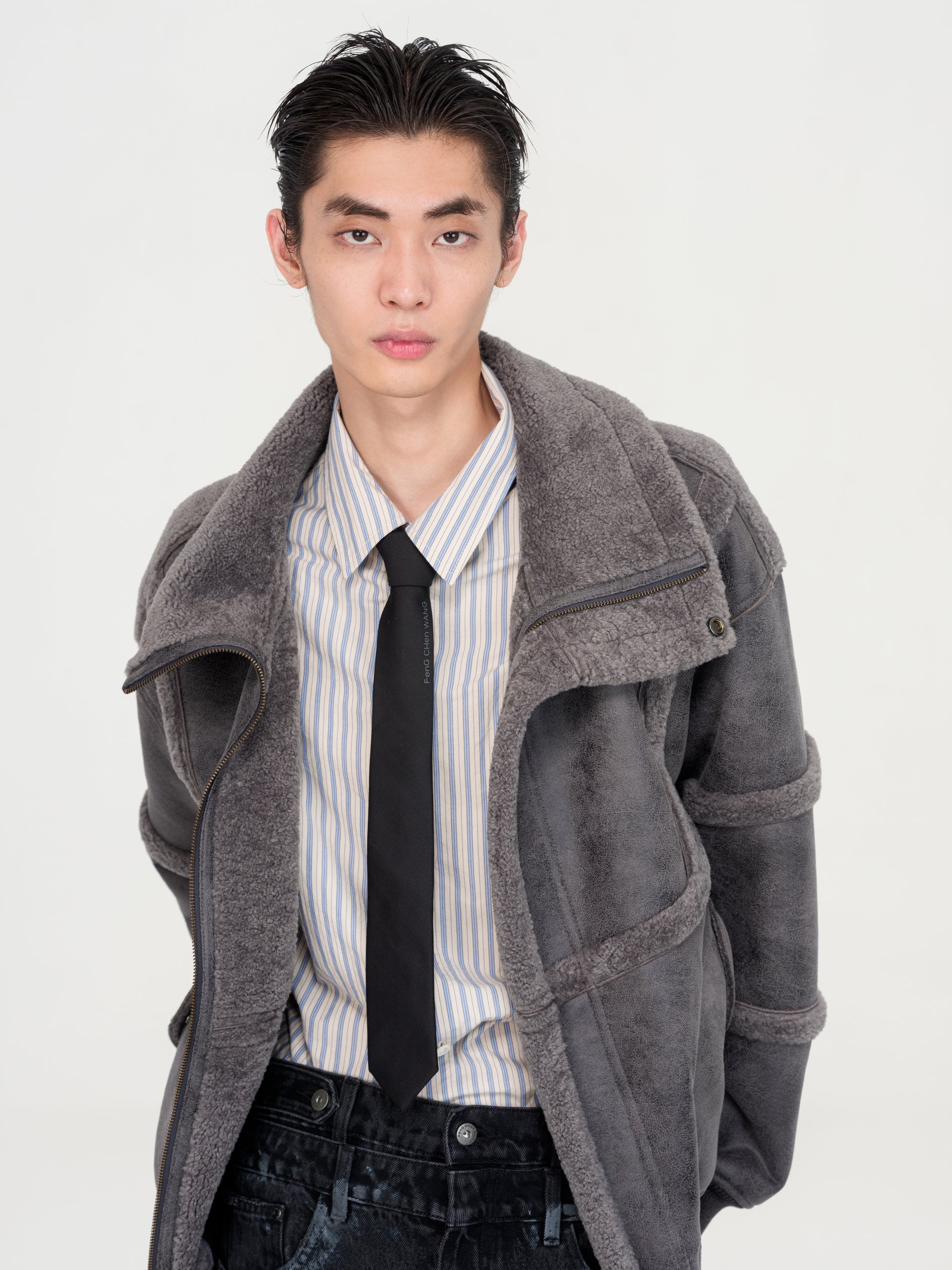 REVERSIBLE FAUX SHEARLING STAND-COLLAR JACKET