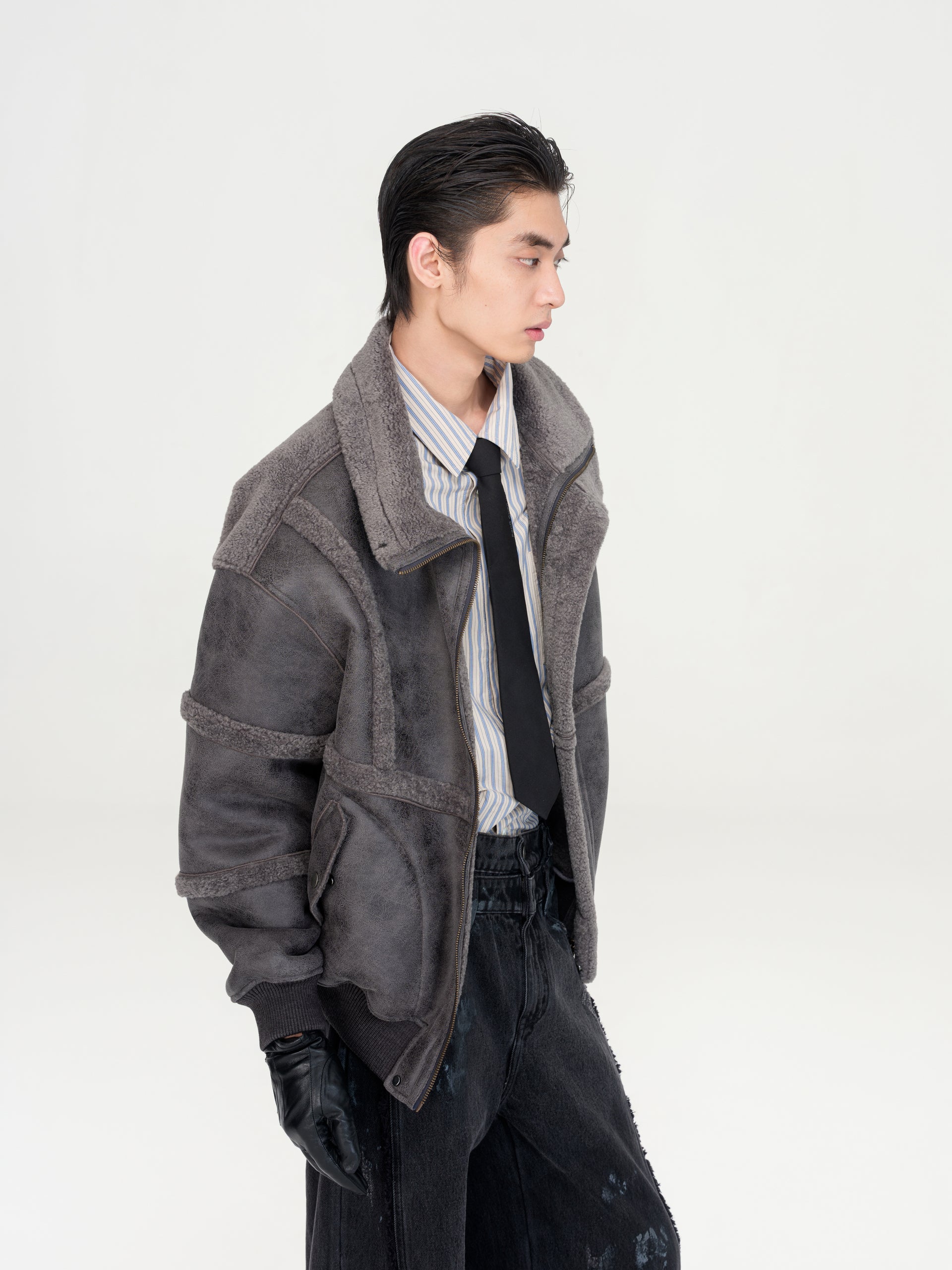 REVERSIBLE FAUX SHEARLING STAND-COLLAR JACKET