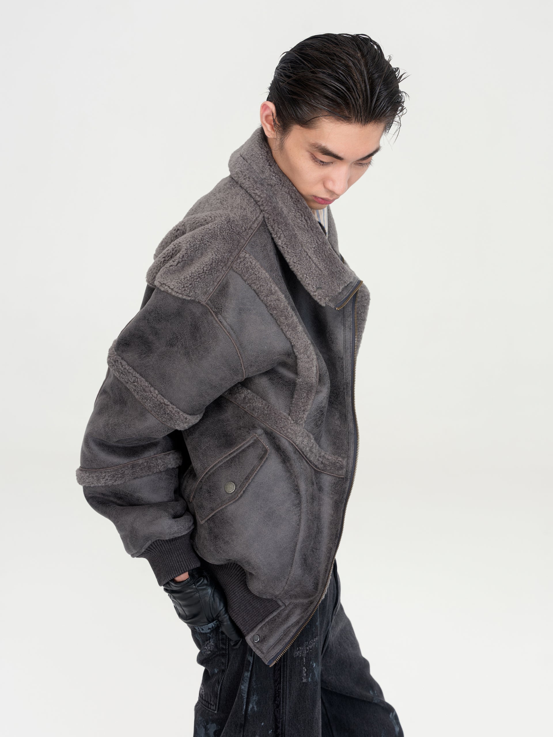 REVERSIBLE FAUX SHEARLING STAND-COLLAR JACKET