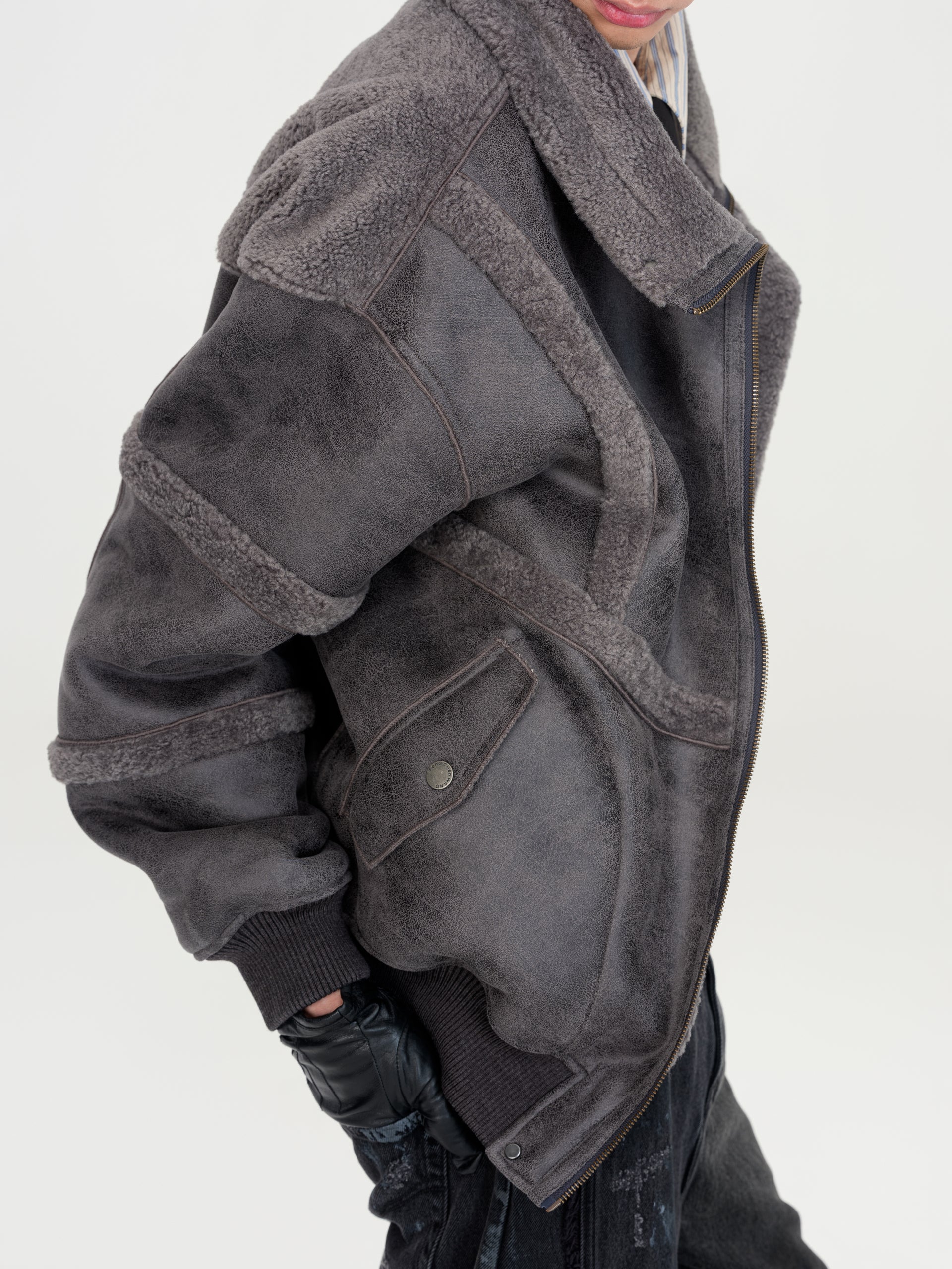 REVERSIBLE FAUX SHEARLING STAND-COLLAR JACKET