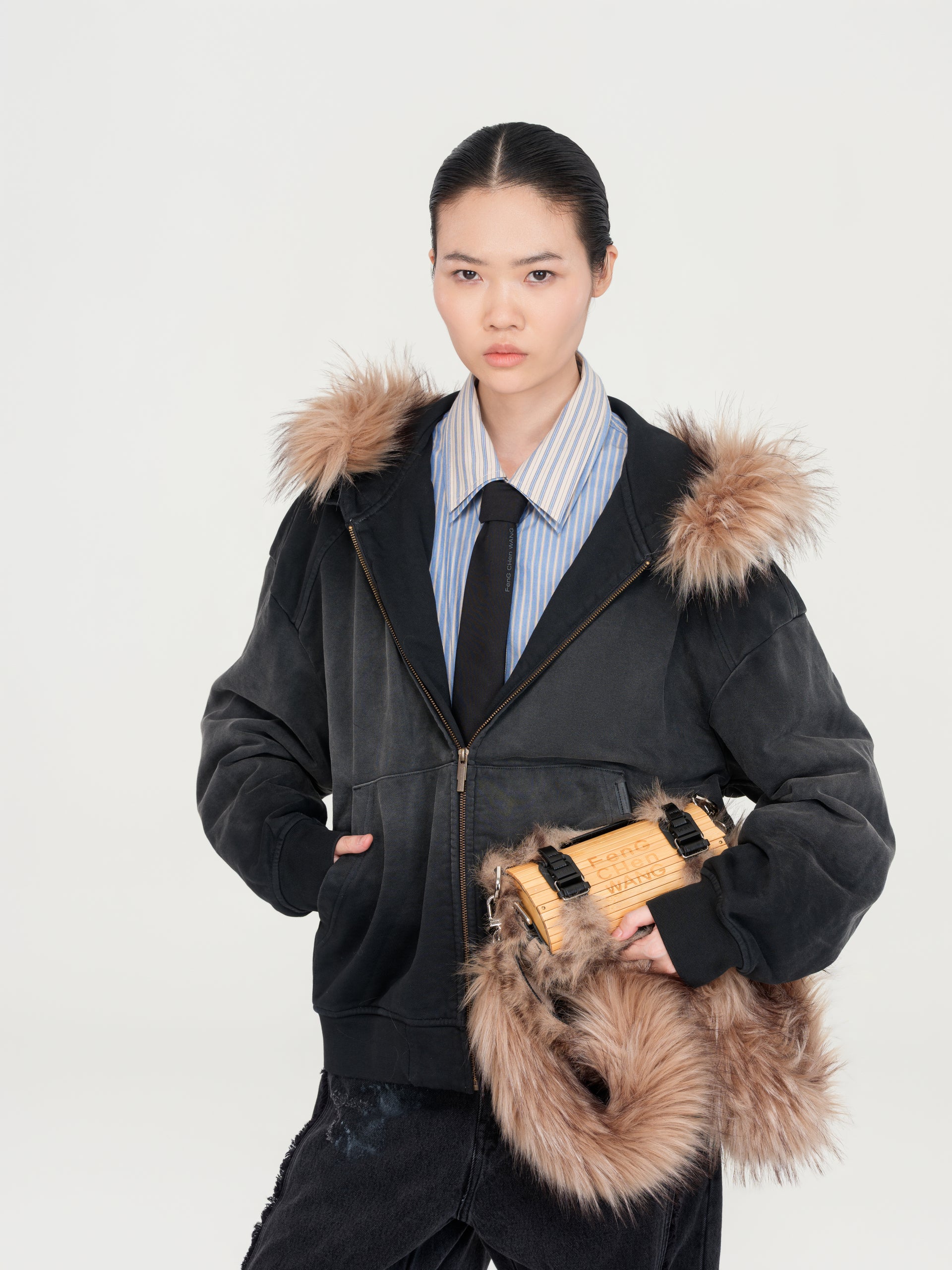 BLACK-GREY WASHED FUR-TRIM ZIP-UP HOODIE