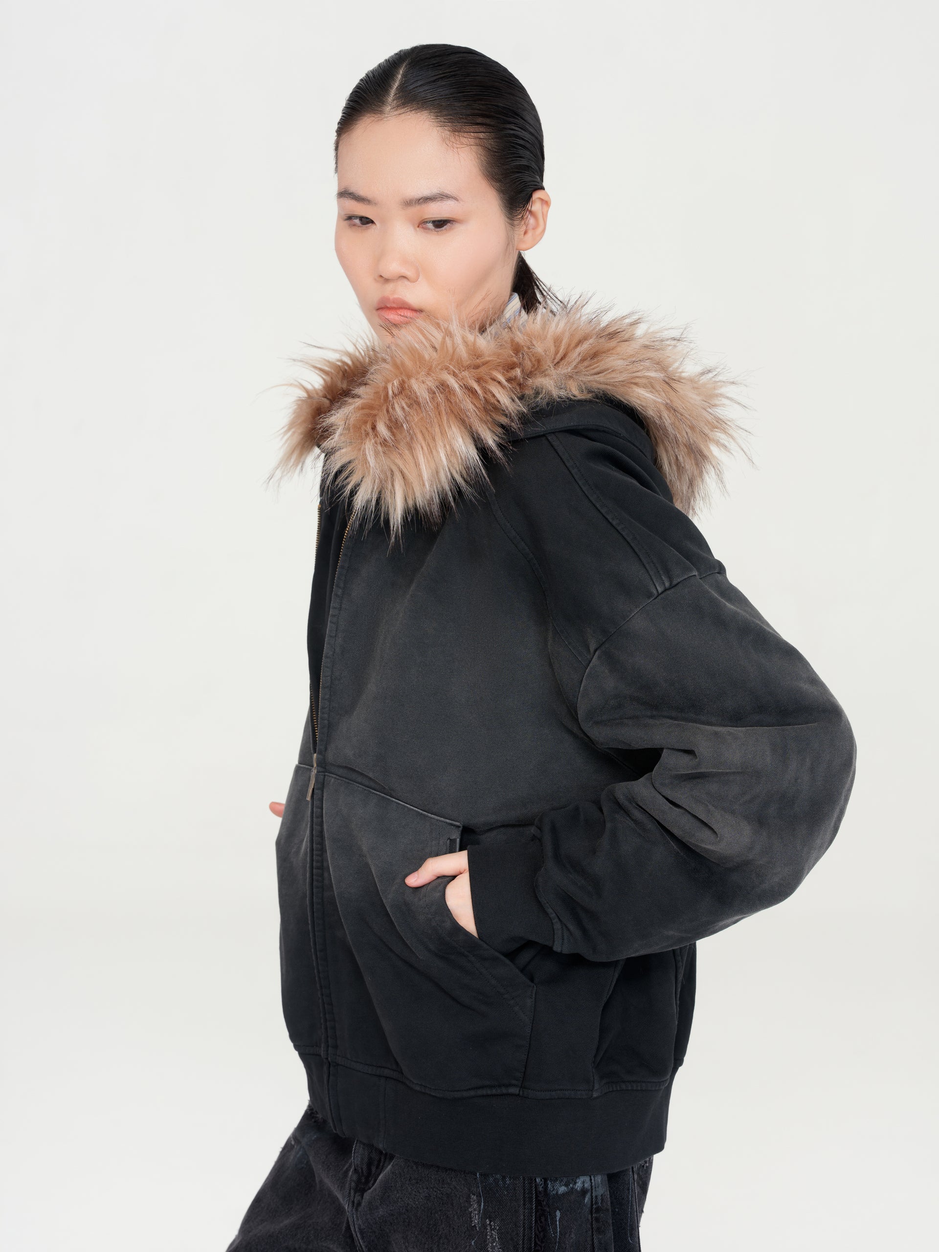BLACK-GREY WASHED FUR-TRIM ZIP-UP HOODIE