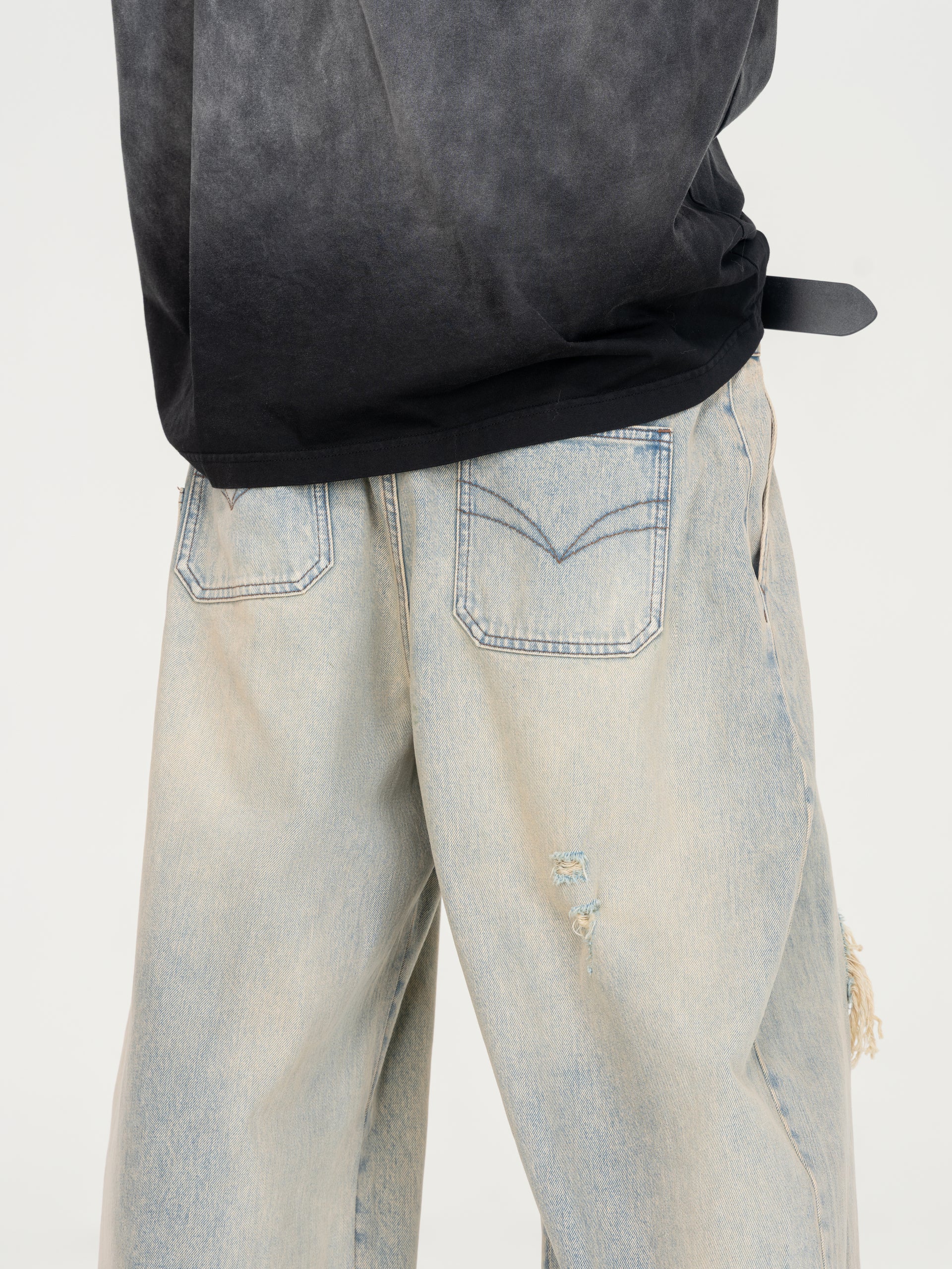 VINTAGE LIGHT BLUE WASHED DECONSTRUCTED DENIM PANTS