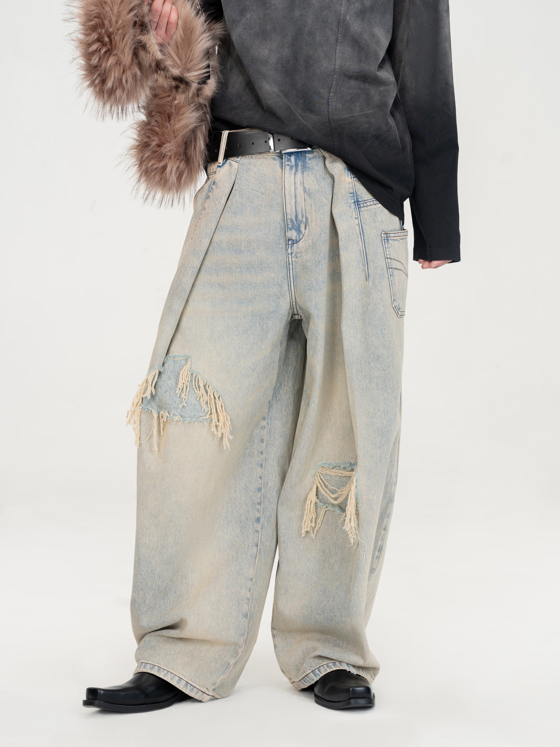 VINTAGE LIGHT BLUE WASHED DECONSTRUCTED DENIM PANTS