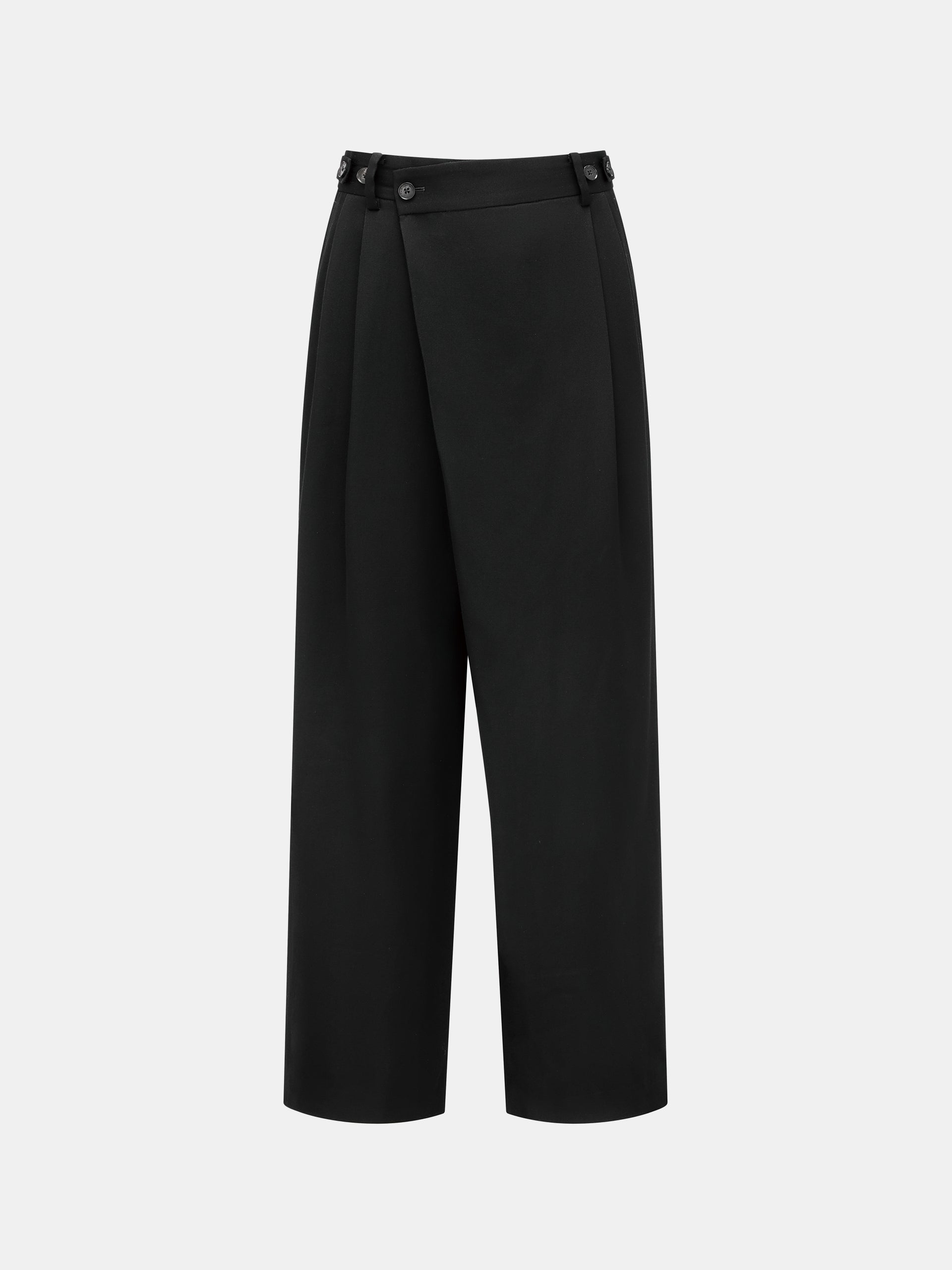 ASYMMETRIC PLACKET WOOL WIDE-LEG TROUSERS