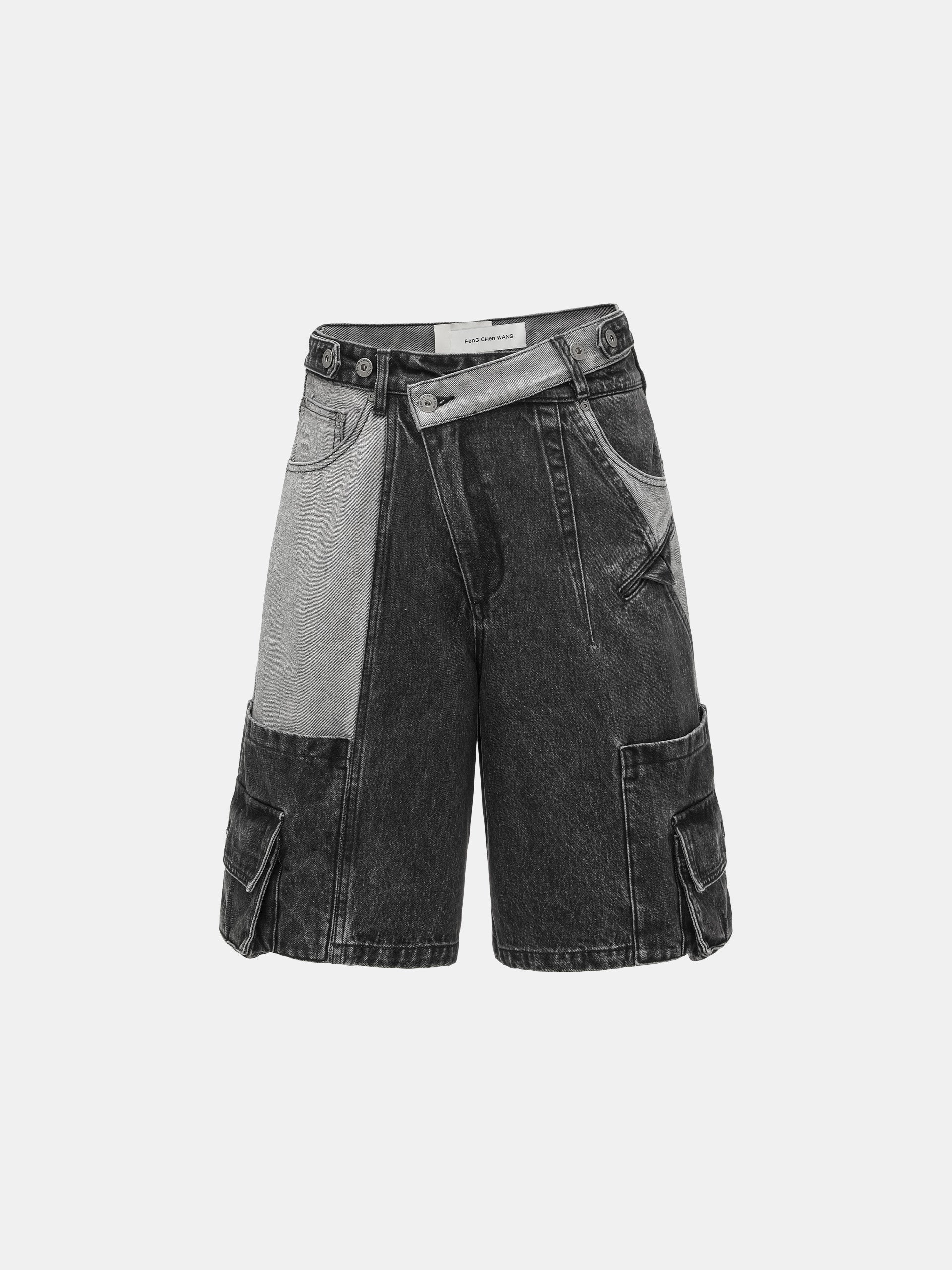 DECONSTRUCTED SLANTED PLACKET DENIM SHORTS