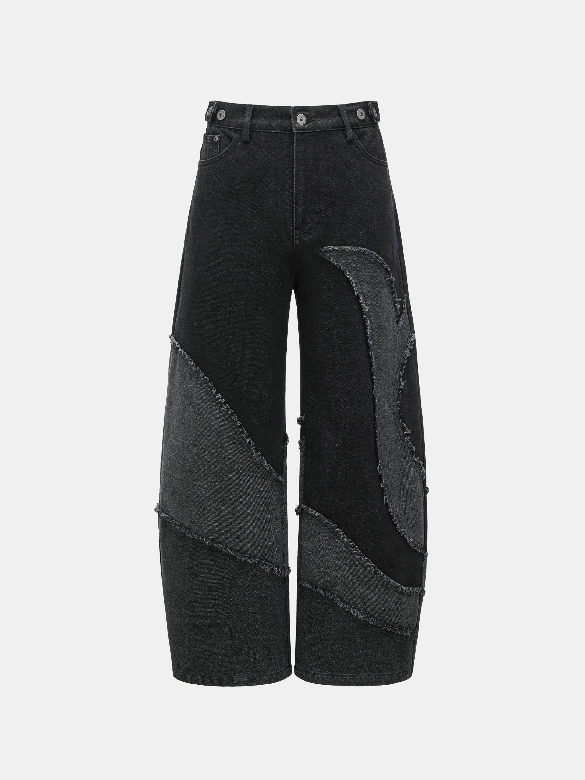 BLACK AND GREY DECONSTRUCTED PATCHWORK DENIM JEANS