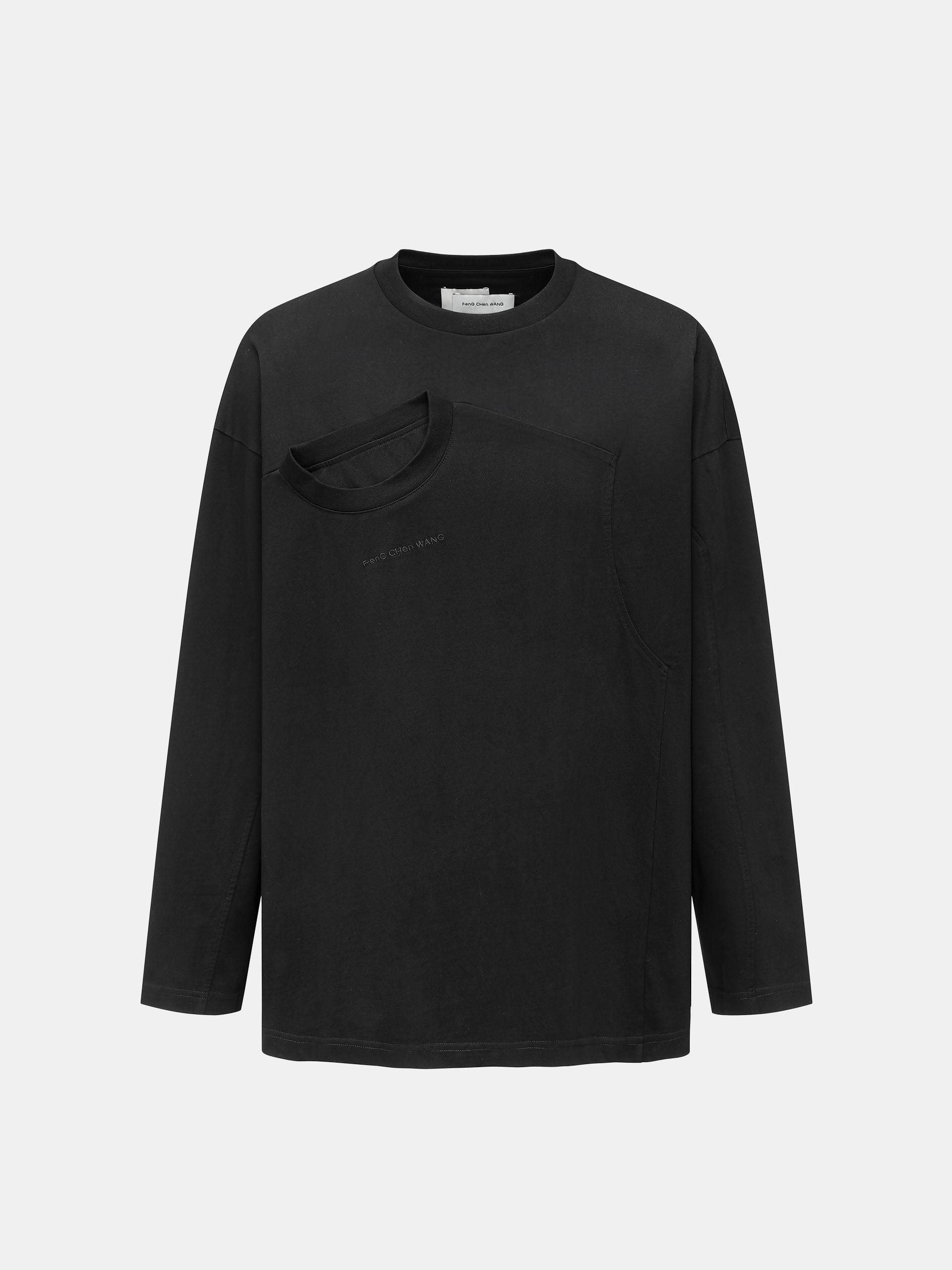 BLACK DECONSTRUCTED DOUBLE-COLLAR LAYERED LONG-SLEEVE TEE