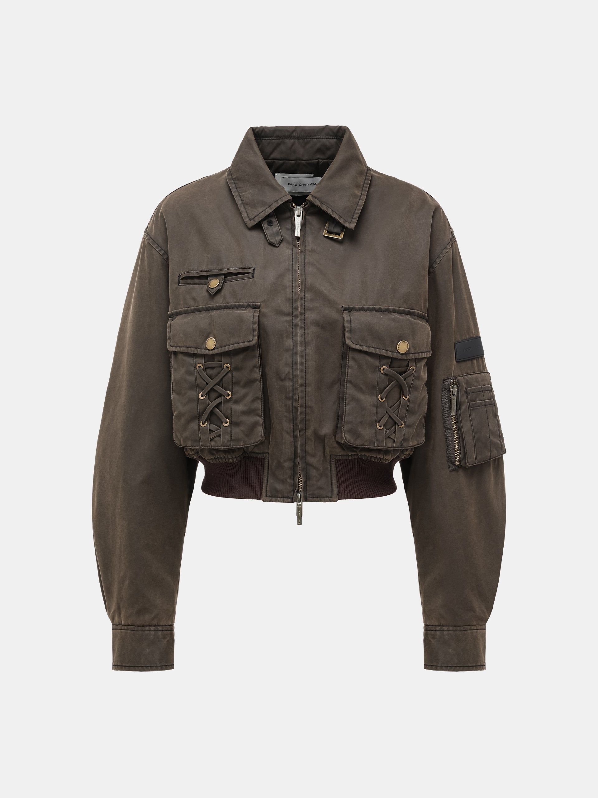BROWN WASHED NYLON SHORT BOMBER JACKET