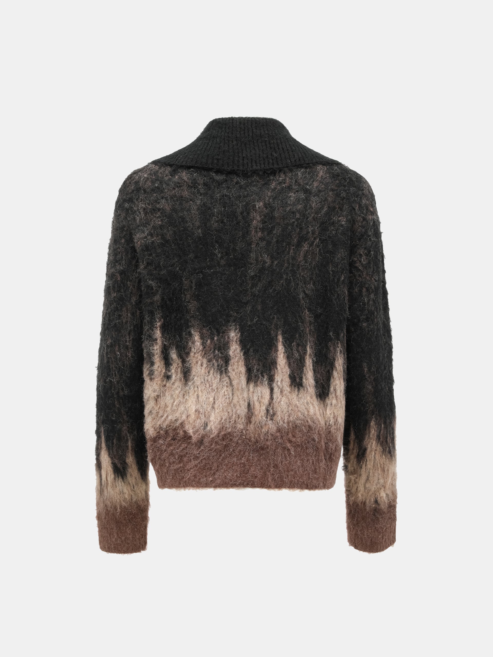 BLACK AND BROWN JACQUARD KNIT ZIP-UP CARDIGAN