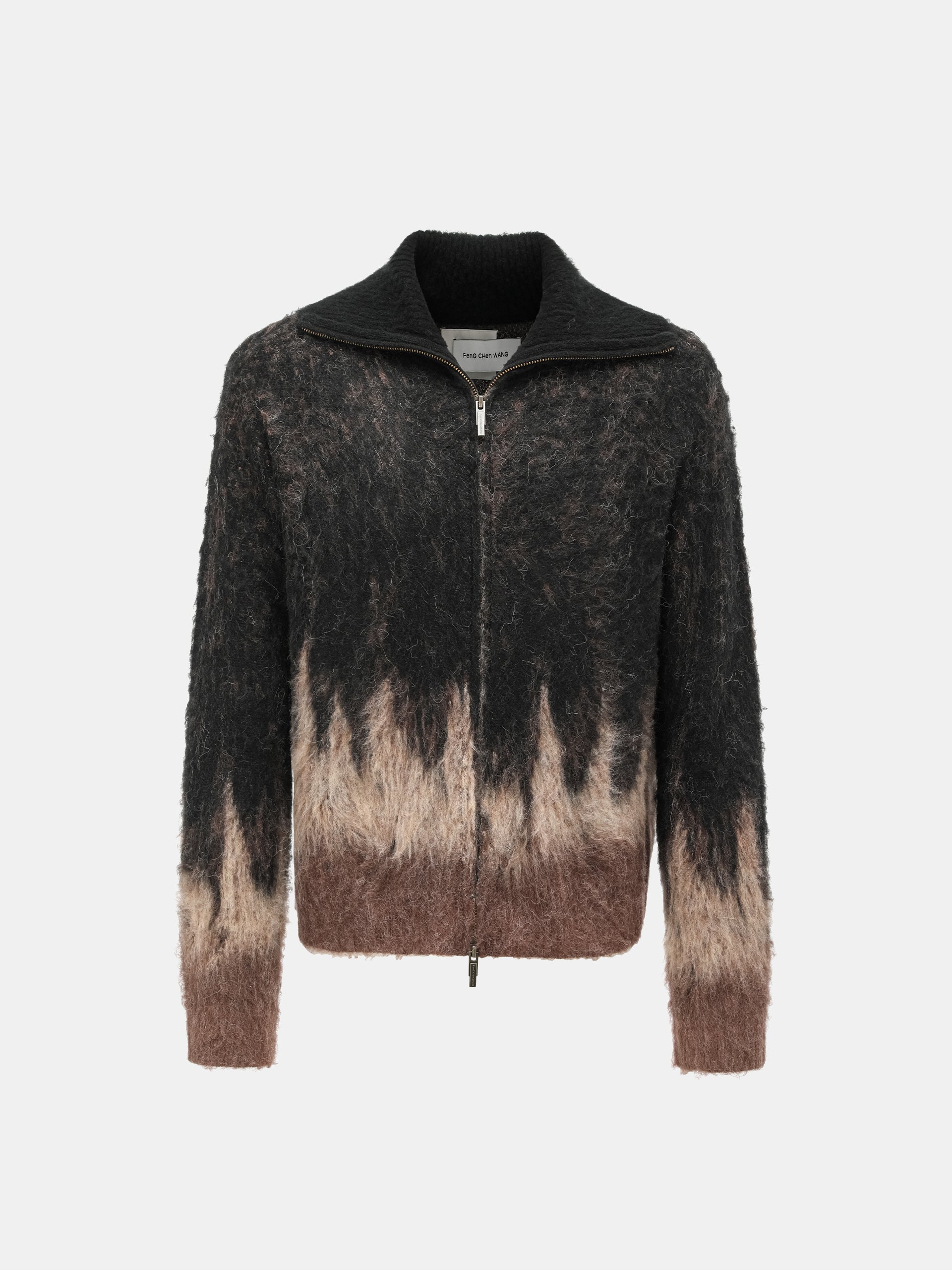 BLACK AND BROWN JACQUARD KNIT ZIP-UP CARDIGAN