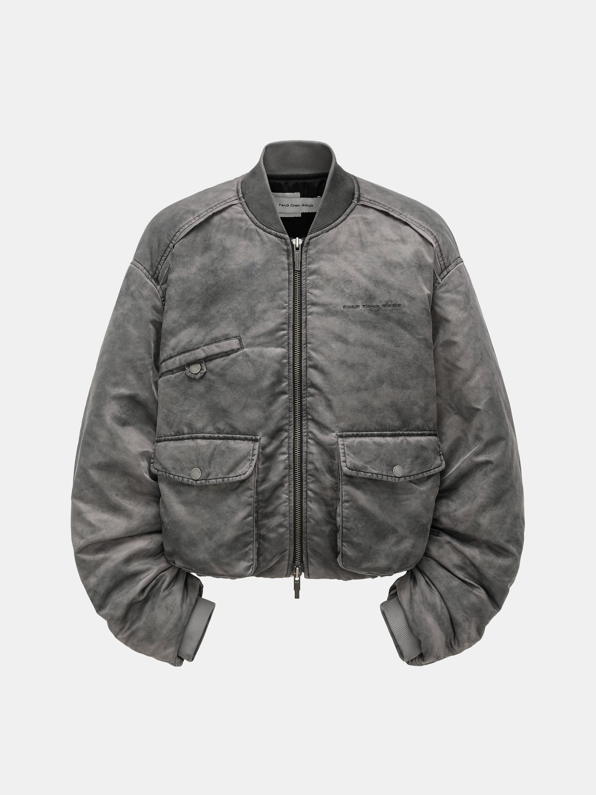 GREY SANDWASHED VARSITY PUFFER JACKET