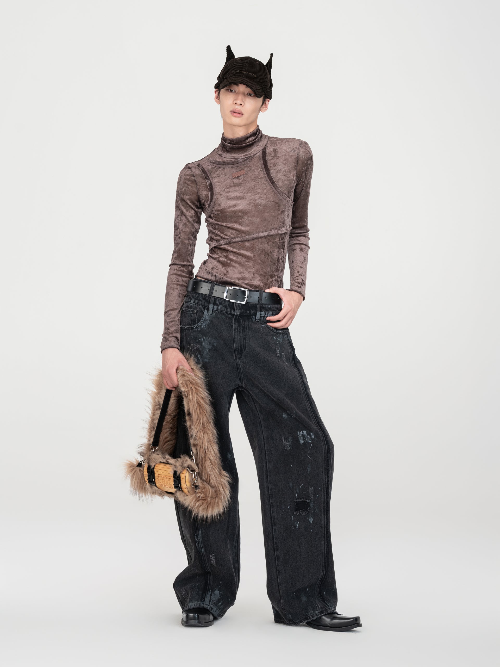 SUEDE TWO-IN-ONE HIGH NECK TOP
