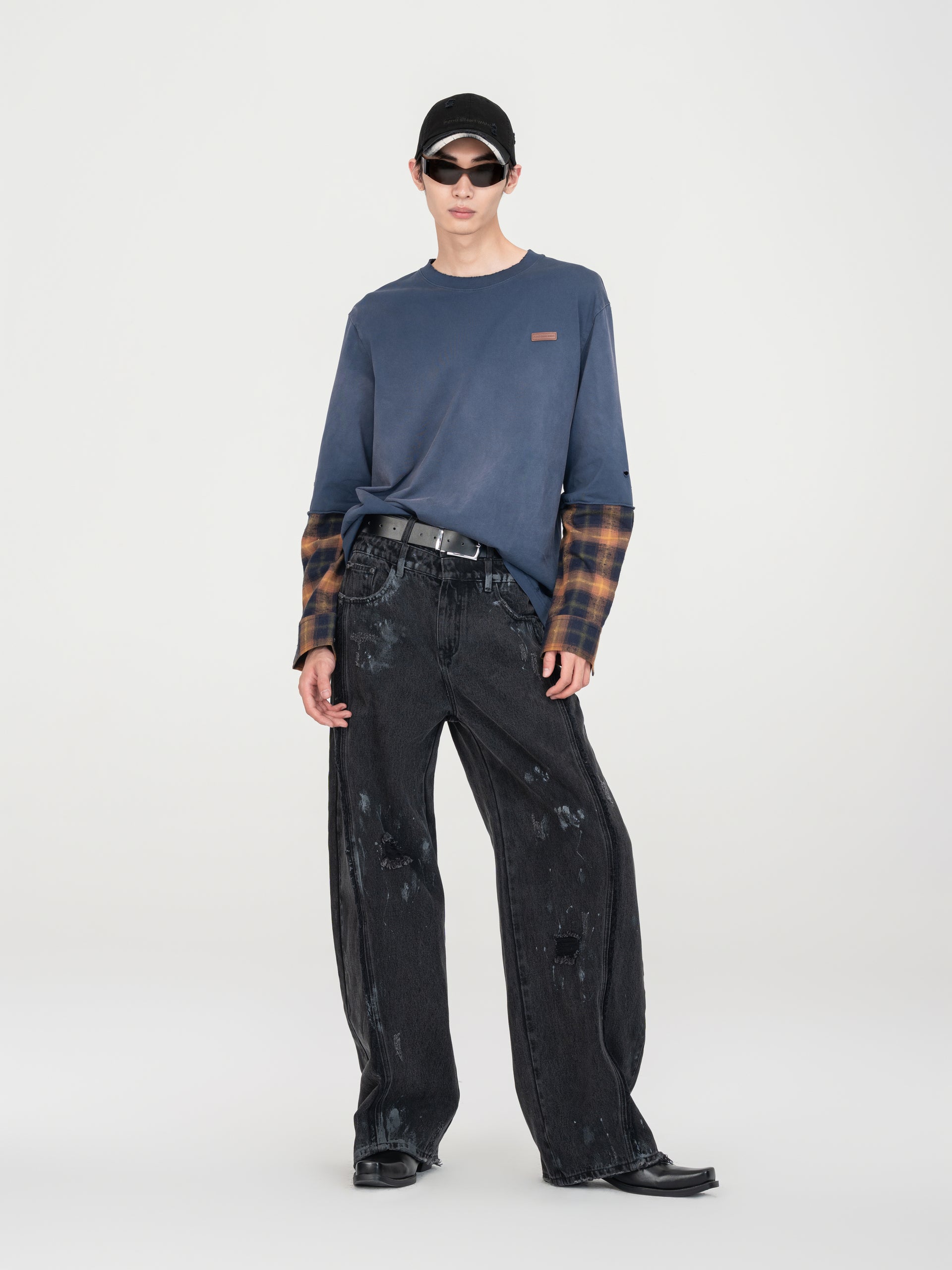 NAVY GRADIENT WASHED PATCHWORK LONG-SLEEVE T-SHIRT