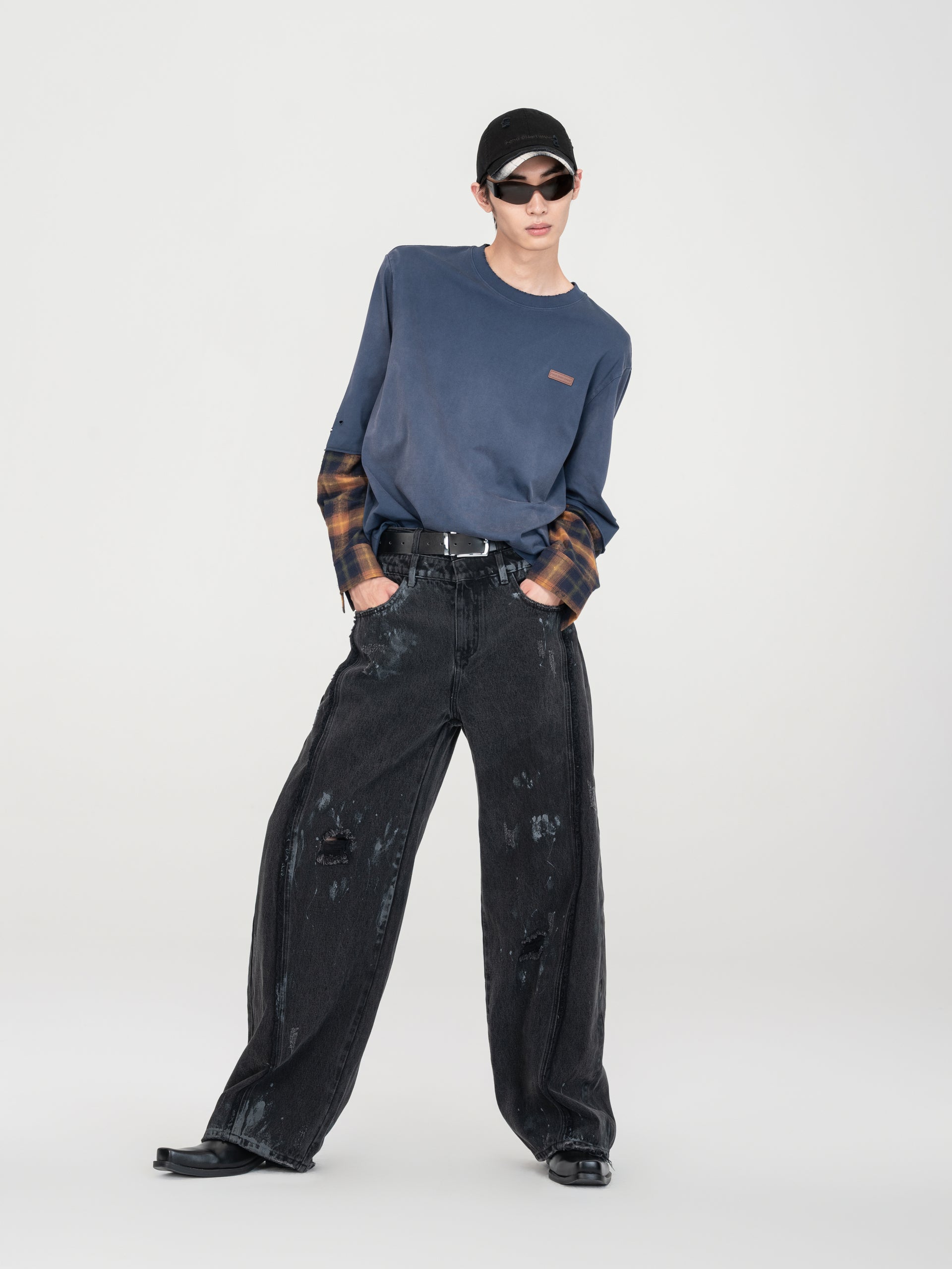 NAVY GRADIENT WASHED PATCHWORK LONG-SLEEVE T-SHIRT